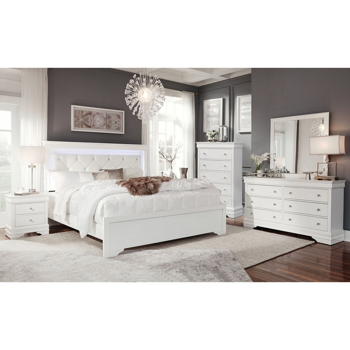 Shaker - 5 Pieces Bedroom Set With Crystal Inspired Tufted Headboard And LED Lighting