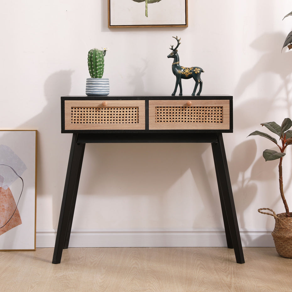 Side Table With Two Real Rattan Drawers, Solid Wood Table Legs, Can Be Used In The Dining Room, Living Room, Bedroom, Entrance