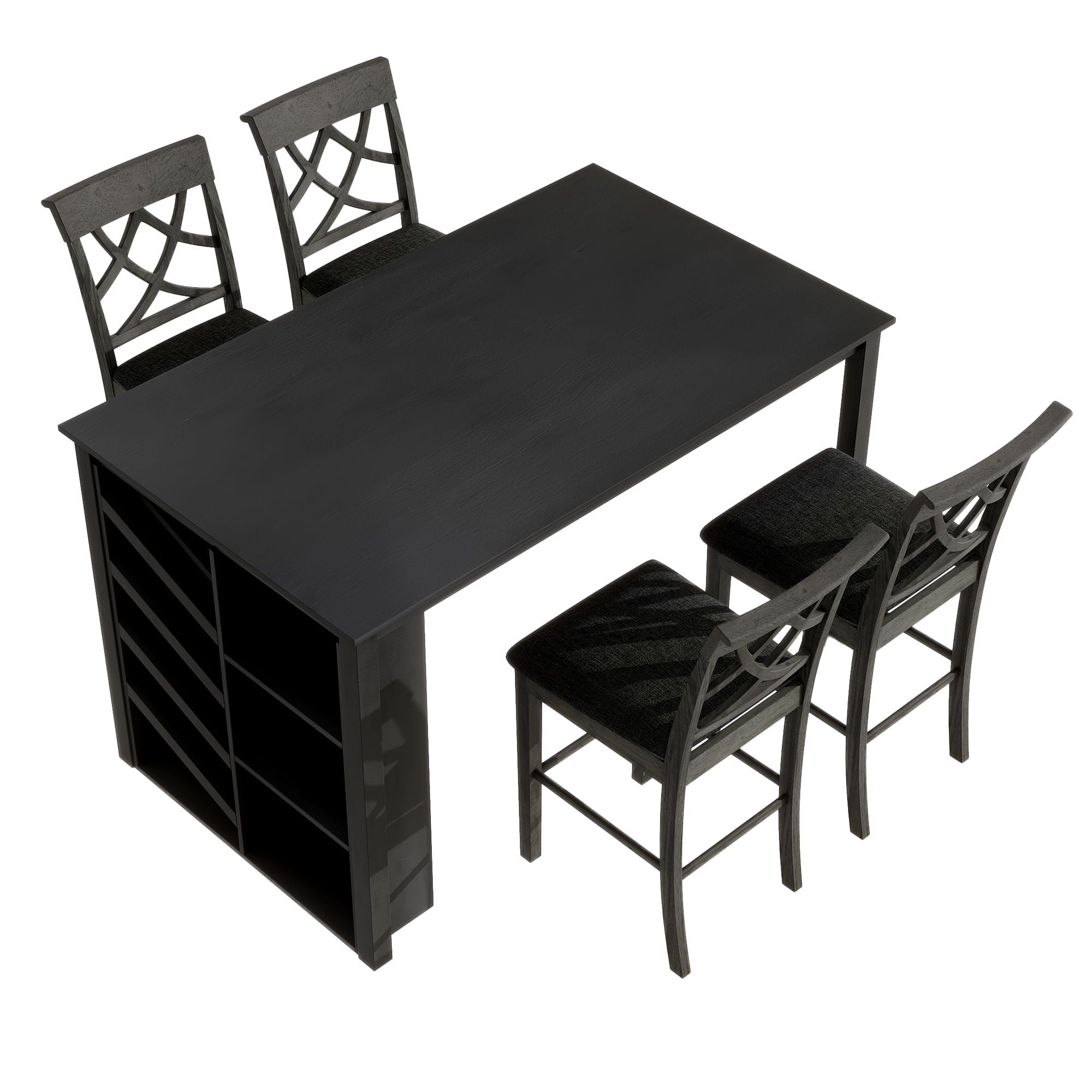 Topmax - 5 Piece Updated Counter Height Solid Wood Dining Table Set, Table With Curved Wine Rack And 4 Upholstered Chairs