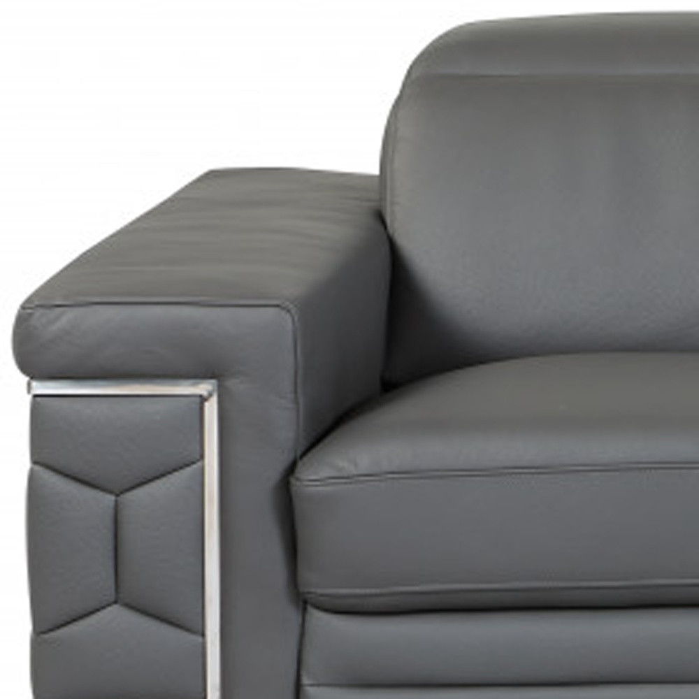 Sofa Italian Leather With Silver Legs - Gray