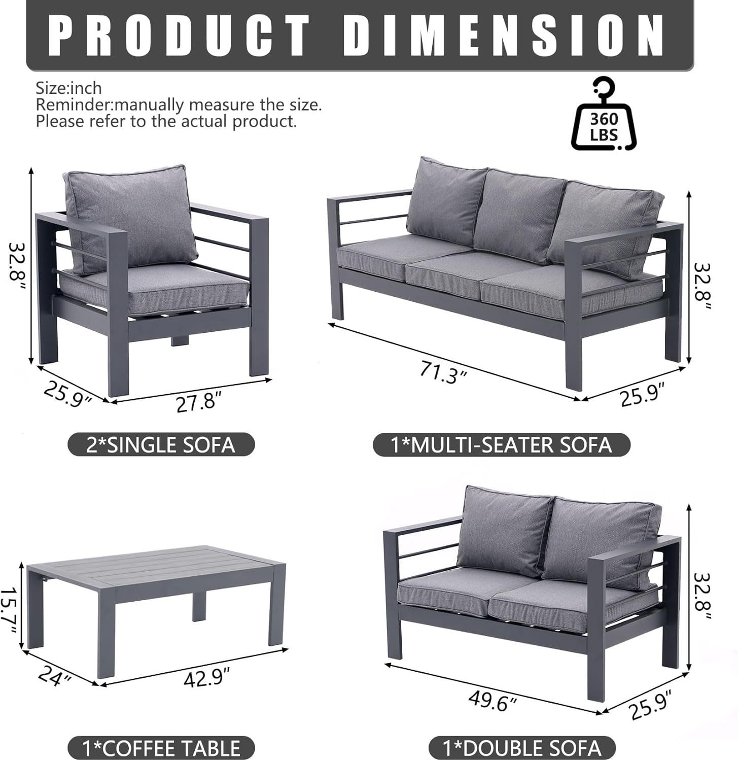 4 Piece Aluminum Outdoor Patio Conversation Set, All Weather Sectional Sofa Outside Furniture With Removable Cushions And Tempered Glass Coffee Table - Gray