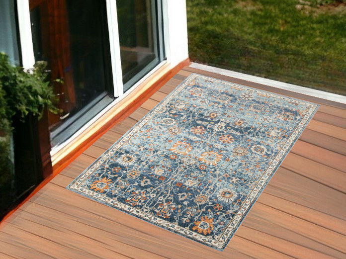 2' X 3' Floral Stain Resistant Outdoor & Indoor Area Rug - Blue / Orange