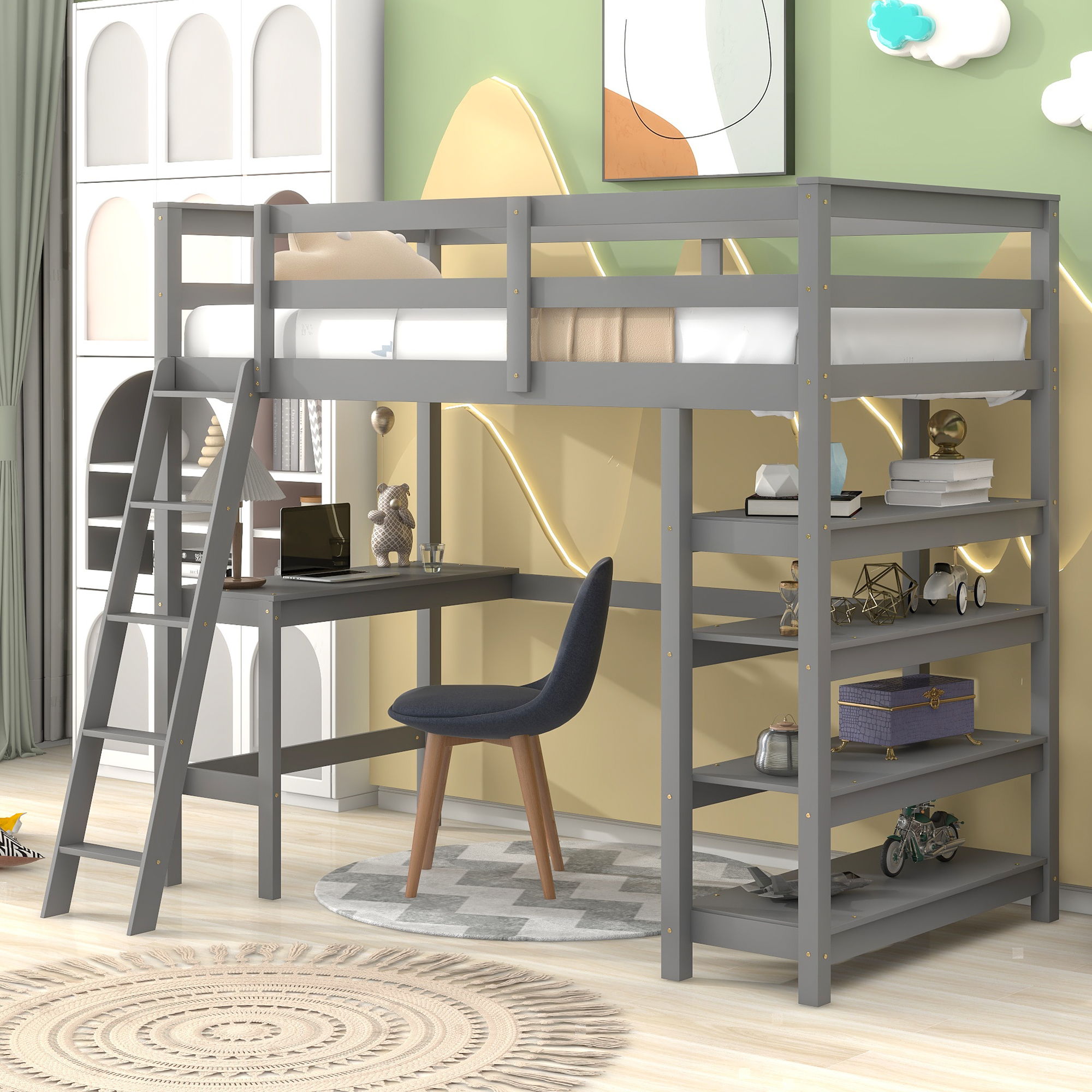 Loft Bed Twin With Desk, Ladder, Shelves - Gray