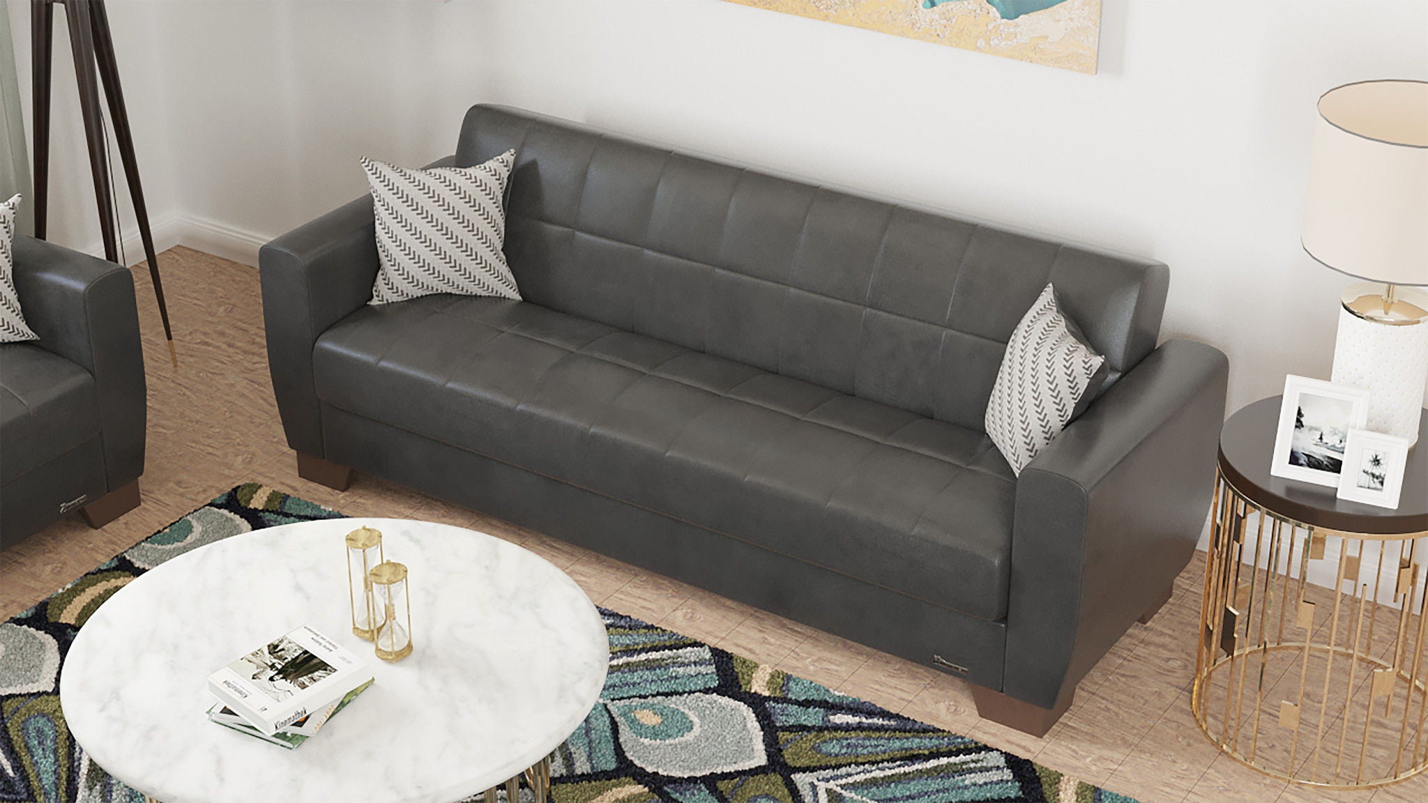 Faux Leather Sleeper Sleeper Sofa And Toss Pillows With Brown Legs - Black