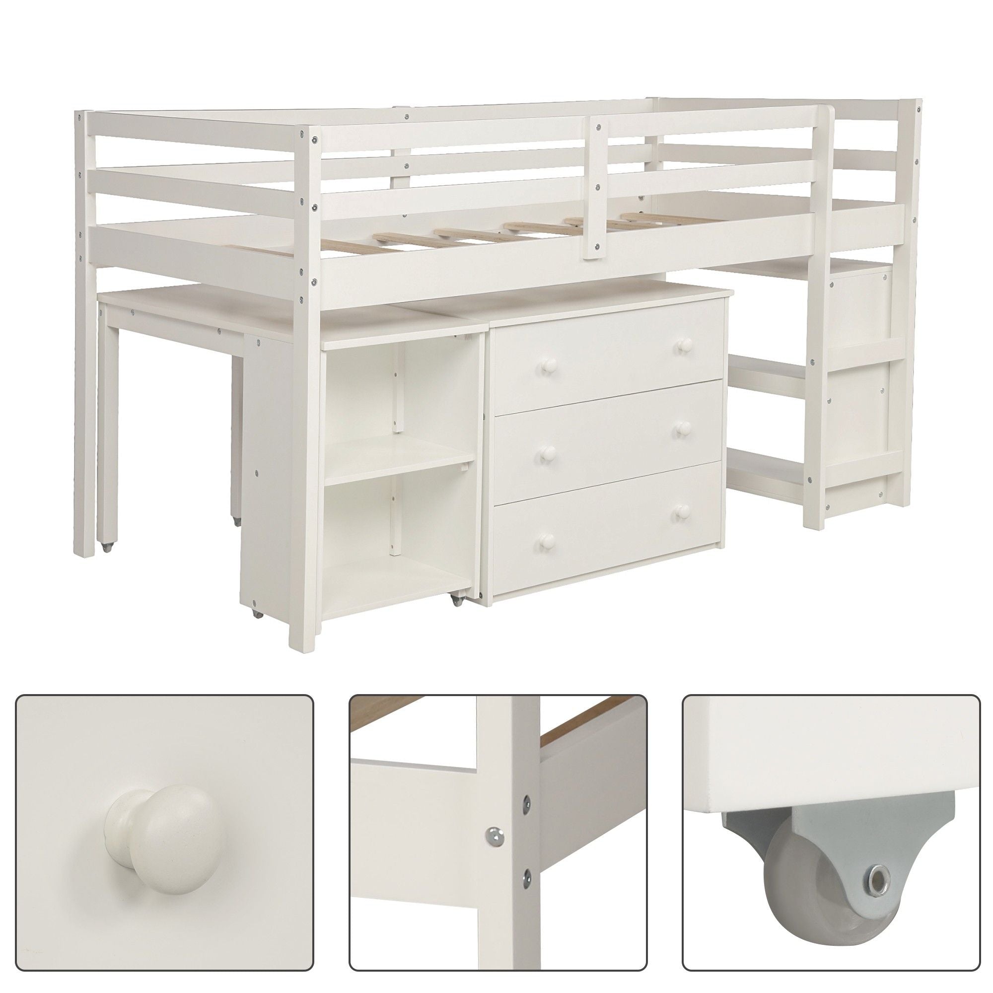 Low Twin Loft Bed With Cabinet and Desk - White