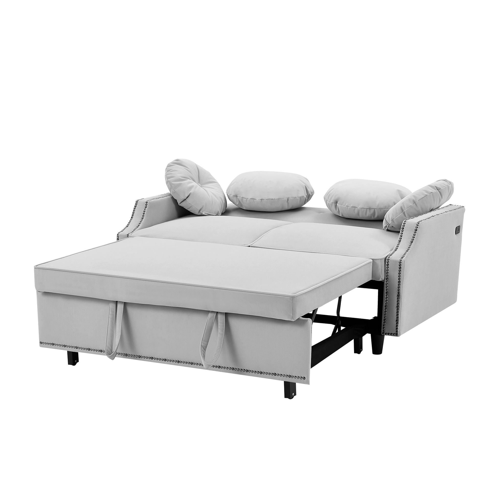 Multiple Adjustable Positions Sofa Bed Stylish Sofa Bed With A Button Tufted Backrest, Two USB Ports And Four Floral Lumbar Pillows For Living Room, Bedroom, Or Small Space