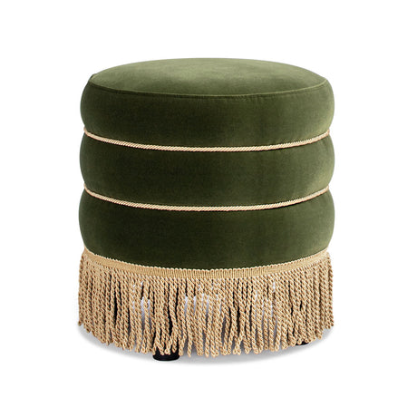Edward - Round Upholstered Ottoman With Bullion Fringe - Olive Green - view 7