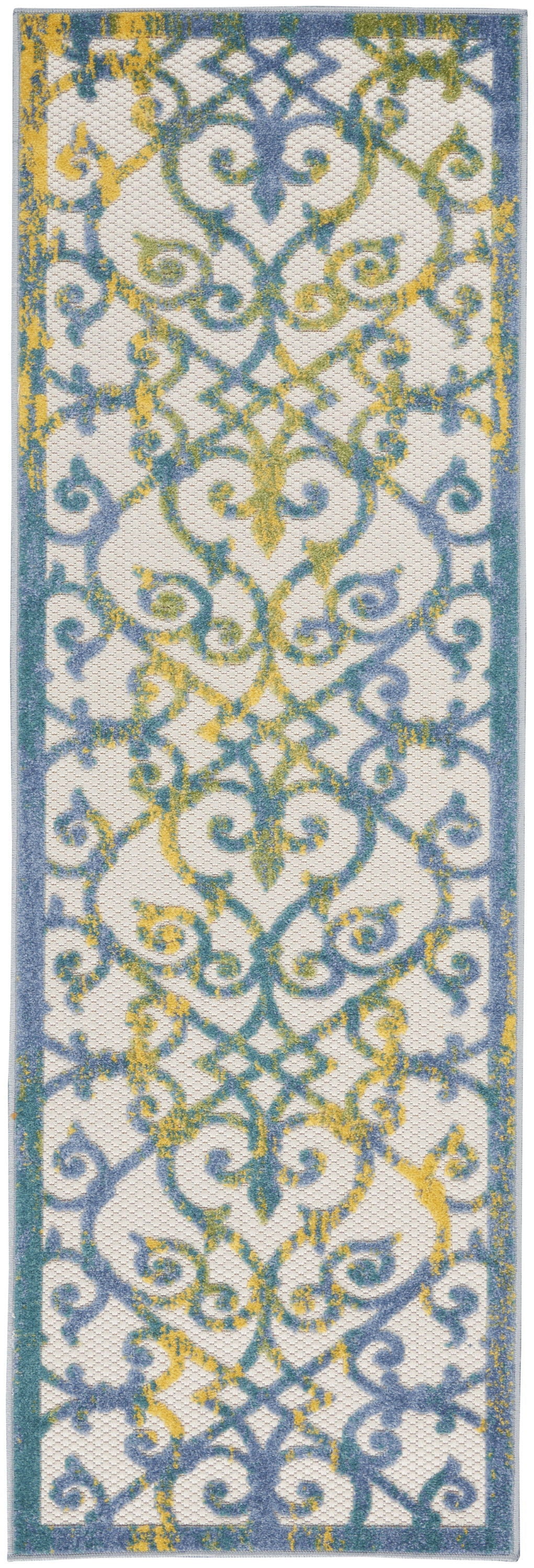 2' X 6' Damask Non Skid Indoor / Outdoor Runner Rug - Ivory / Blue