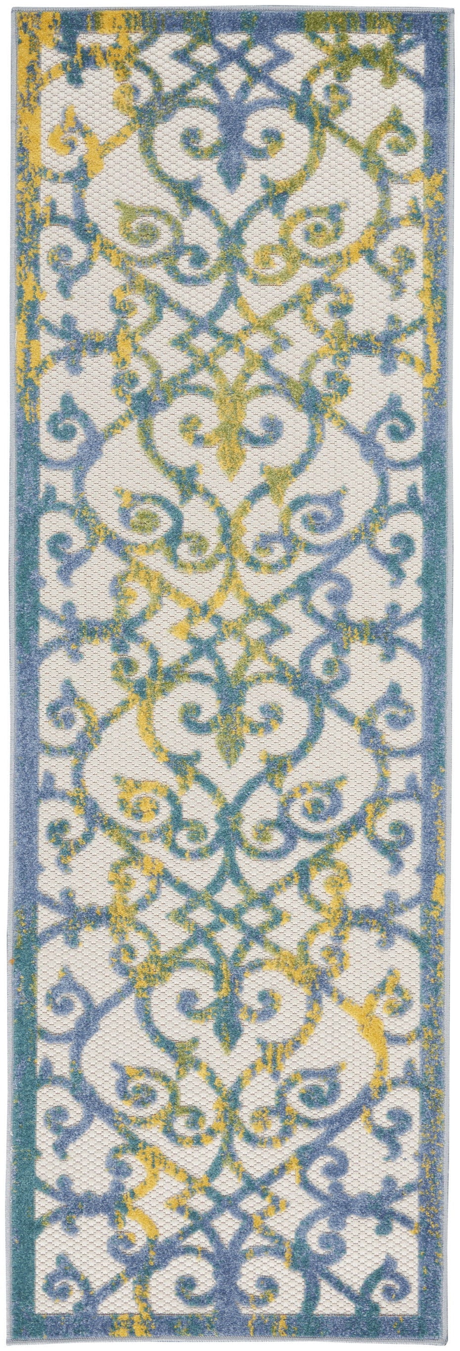 2' X 6' Damask Non Skid Indoor / Outdoor Runner Rug - Ivory / Blue