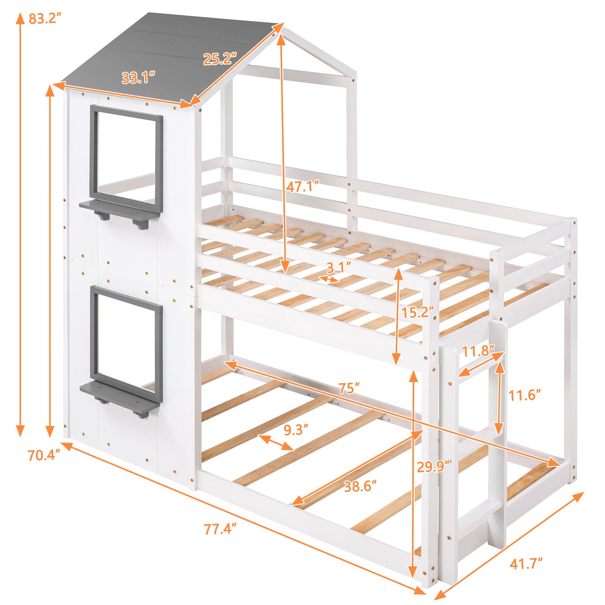 Twin Over Twin Bunk Bed Wood Bed & Roof, Window, Guardrail, Ladder