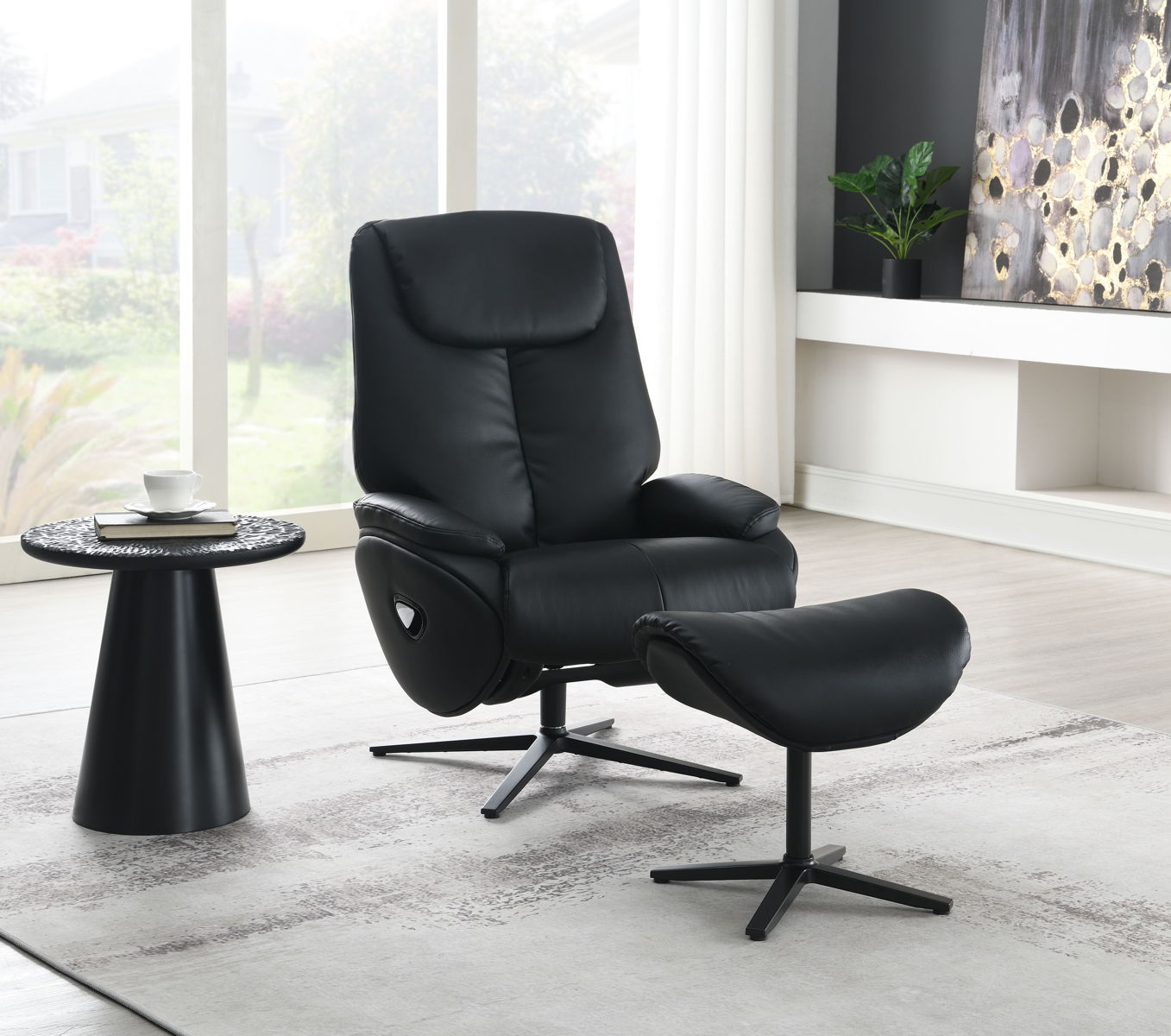 Labotina - Top Grain Leather Accent Chair With Swivel & Ottoman - Black