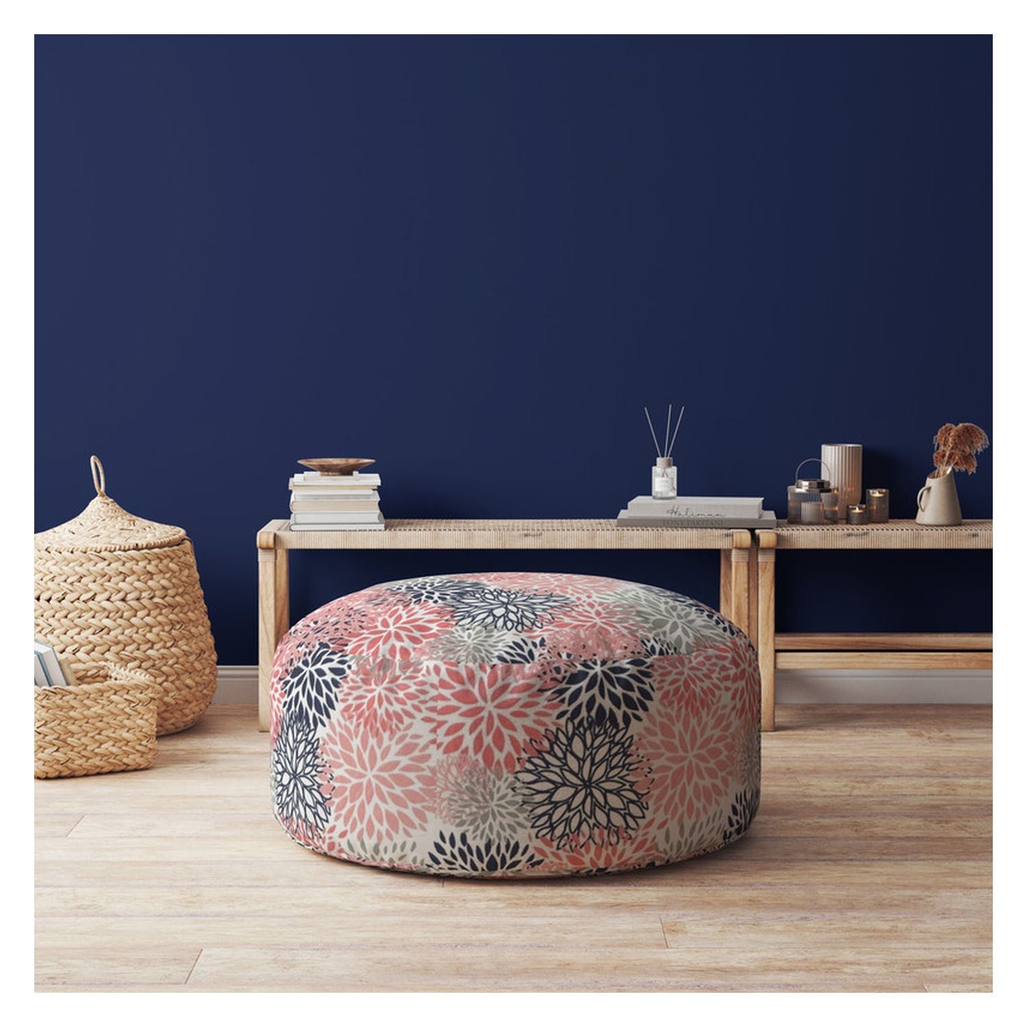 Polyester Round Floral Pouf Ottoman - Coral