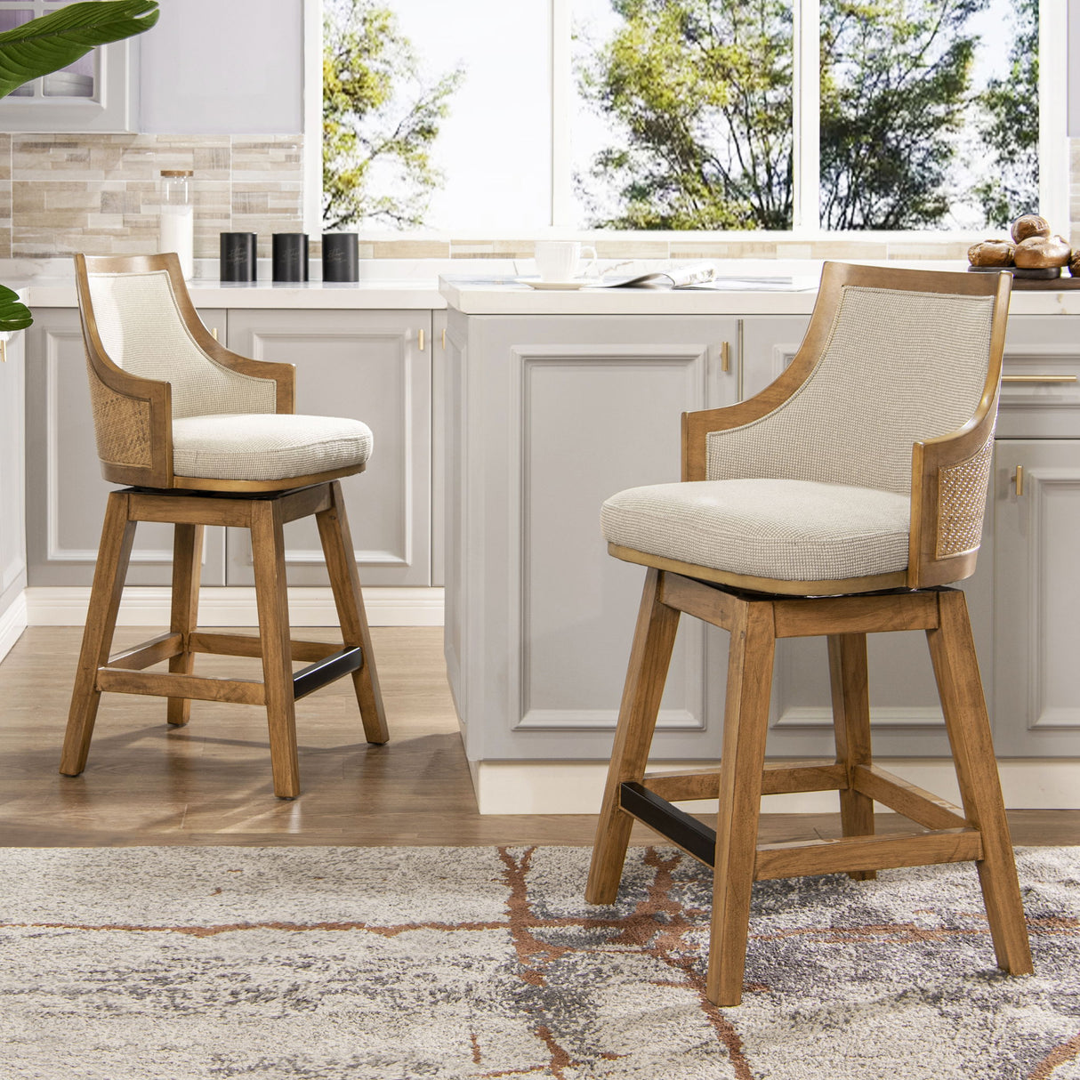 Bahama - Cane High Back Swivel Counter Stool With Recessed Arms Textured Weave - Taupe Beige