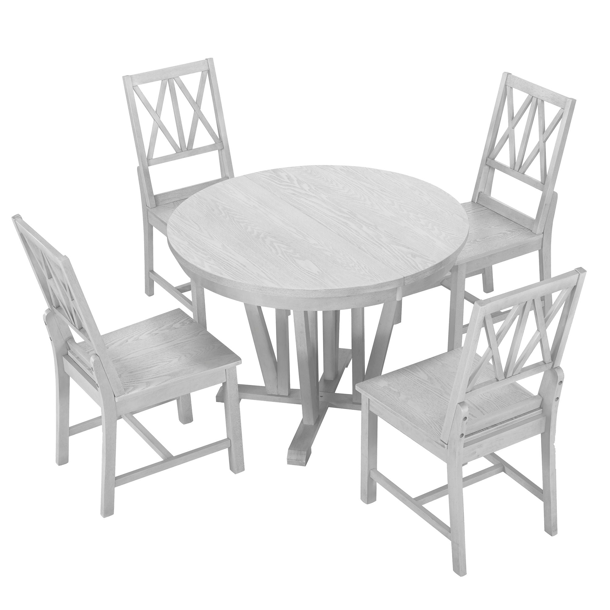 Topmax - 5 Piece Rustic Extendable Dining Table Set Round Trestle Table And 4 Cross Back Dining Chairs For Kitchen, Dining Room