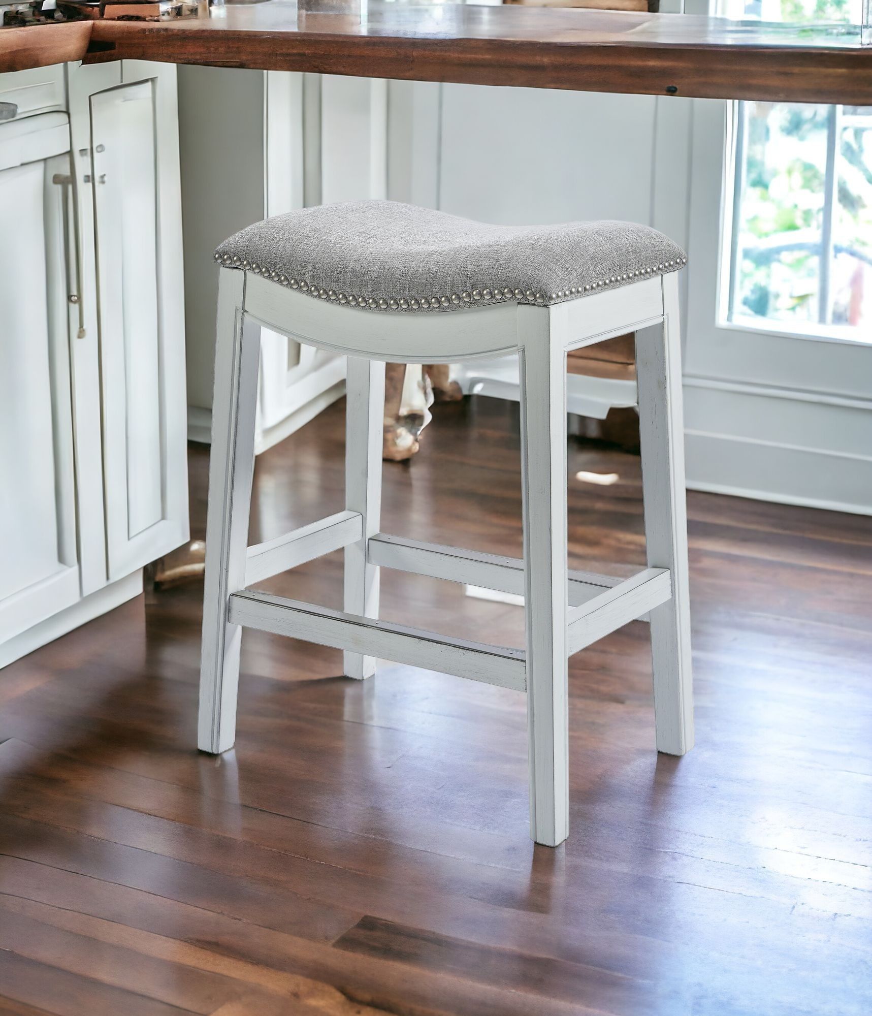 Solid Wood Backless Counter Height Bar Chair - Gray / White