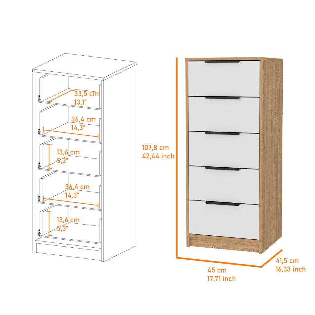 Five Drawer Standard Chest - White / Natural