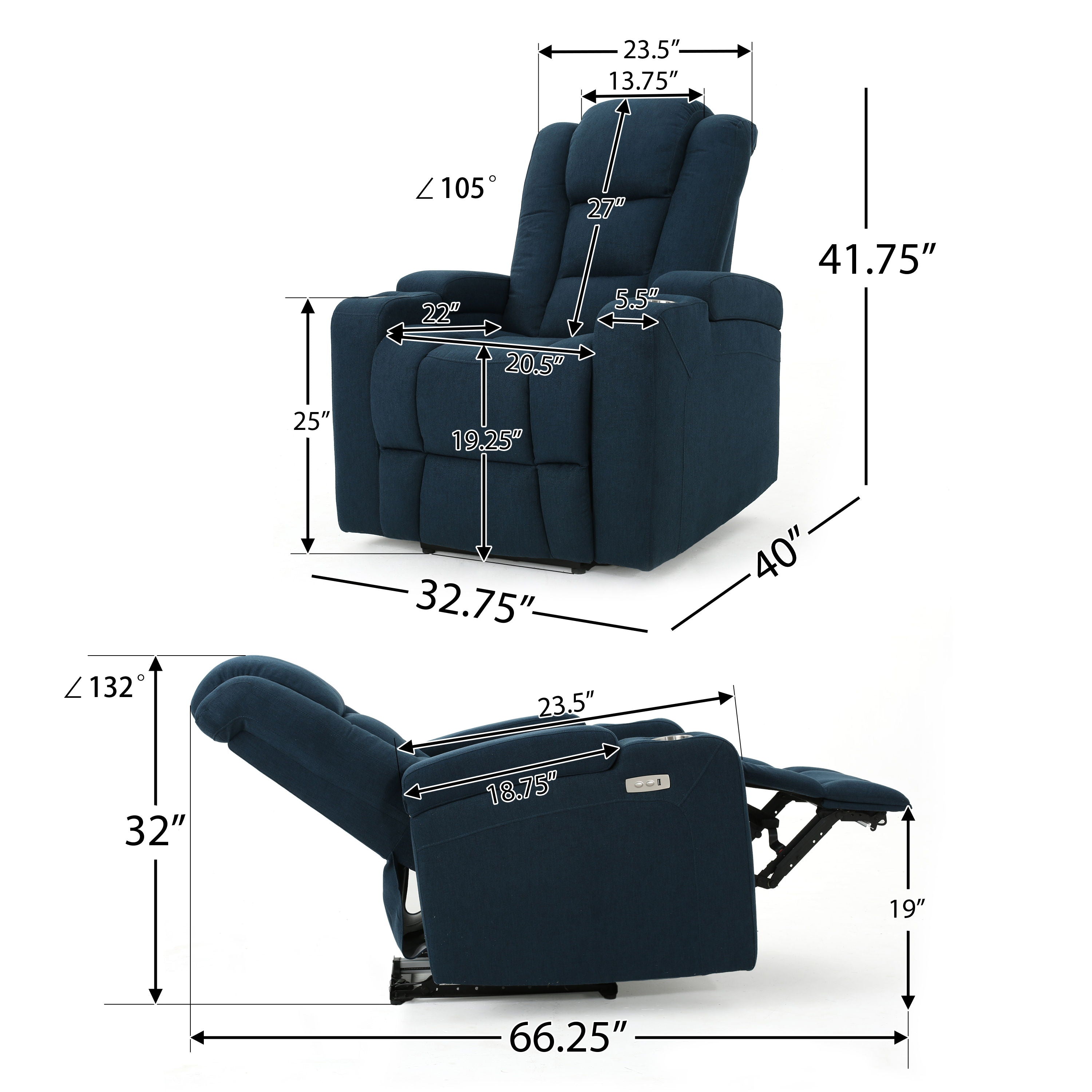 Wide - Power Standard Recliner Chair With Arm Storage With USB - Navy Blue