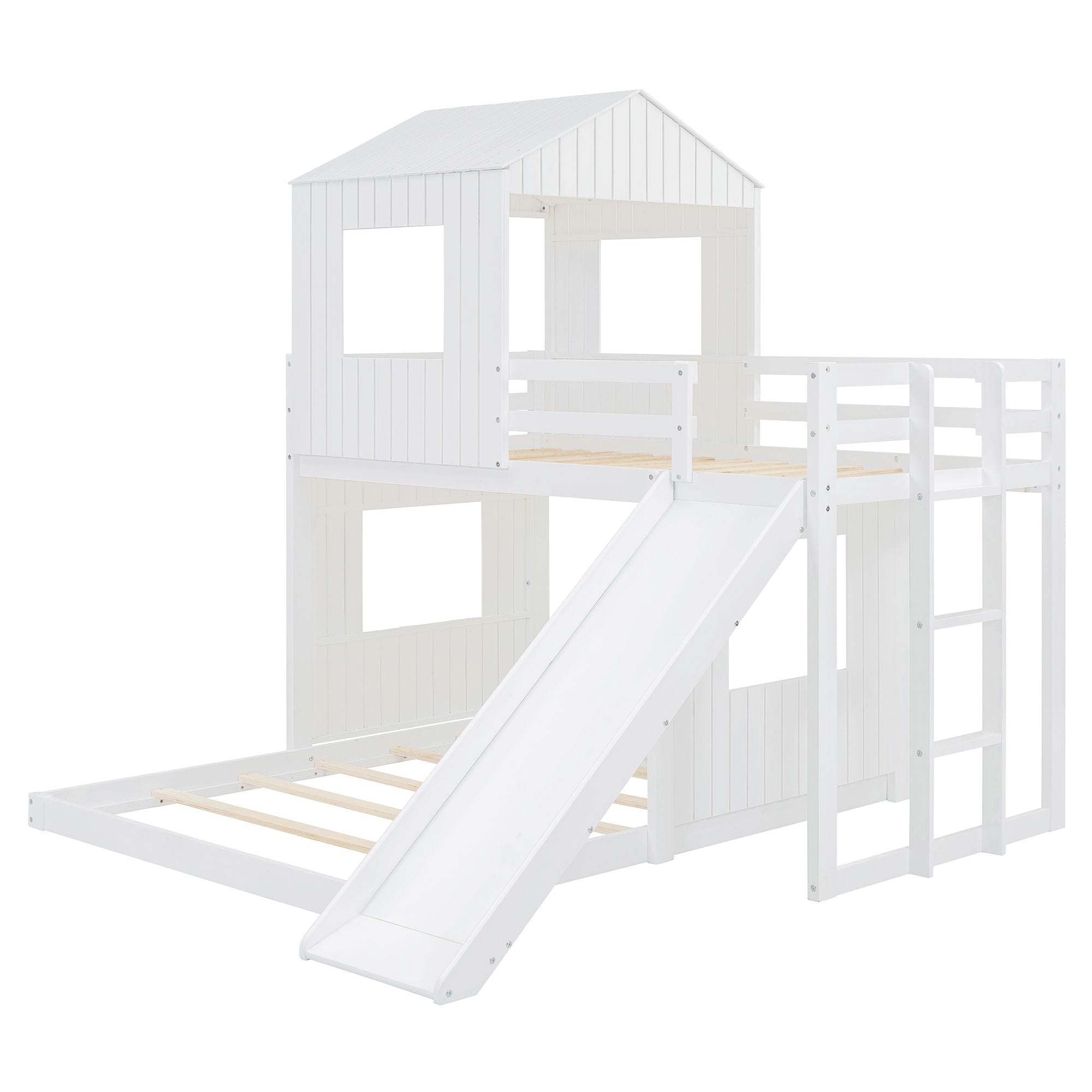 Wooden Twin Over Full Bunk Bed, Loft Bed With Playhouse, Farmhouse, Ladder, Slide And Guardrails - White