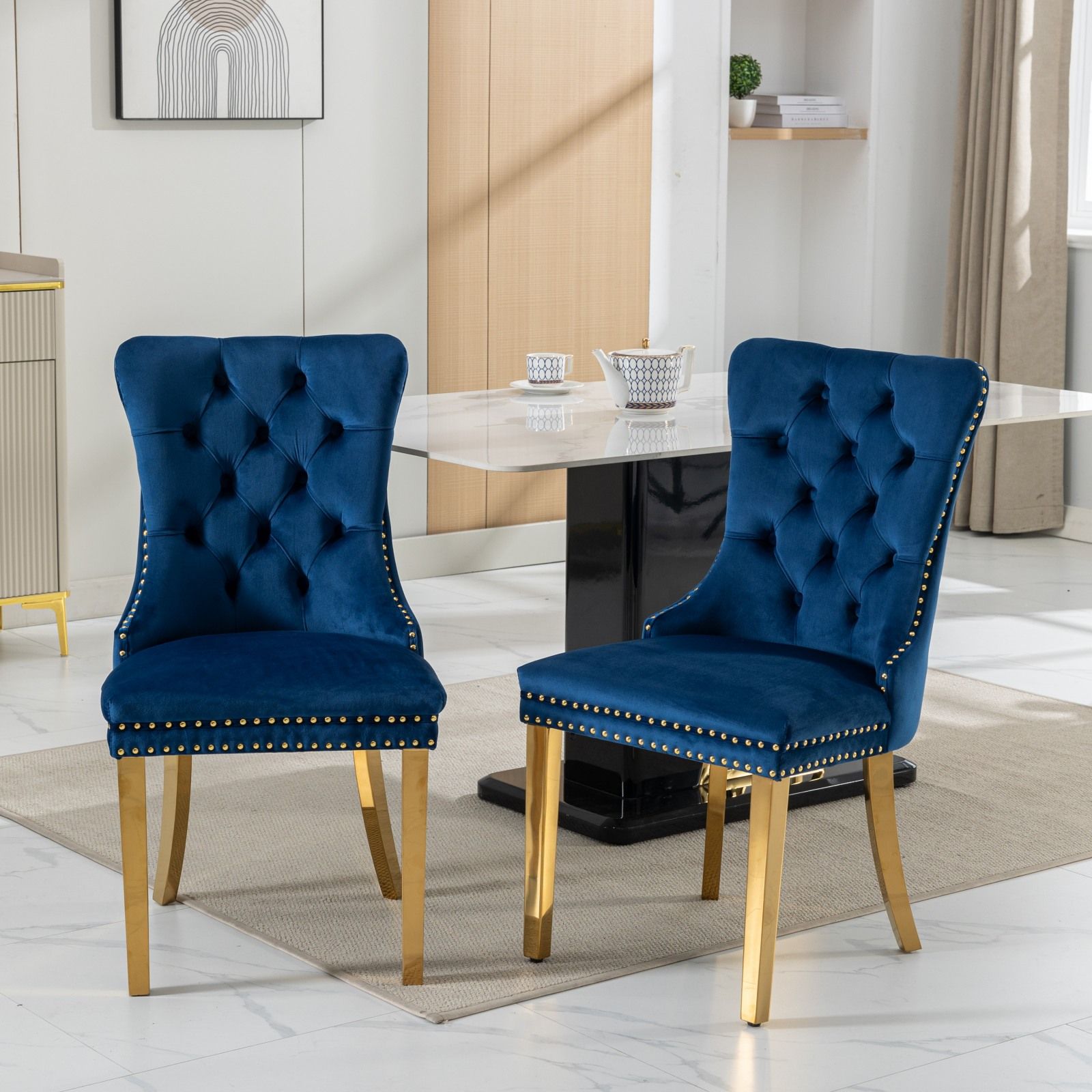 Nikki - Modern, High-End Tufted Solid Wood Contemporary Velvet Upholstered Dining Chair With Golden Stainless Steel Plating Legs, Nailhead Trim (Set of 2)