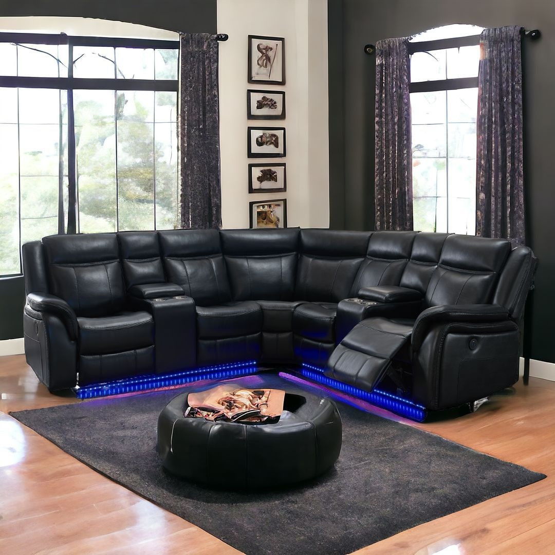 Polyester Blend Power Reclining L Shaped Three Piece Corner Sectional With Console - Black