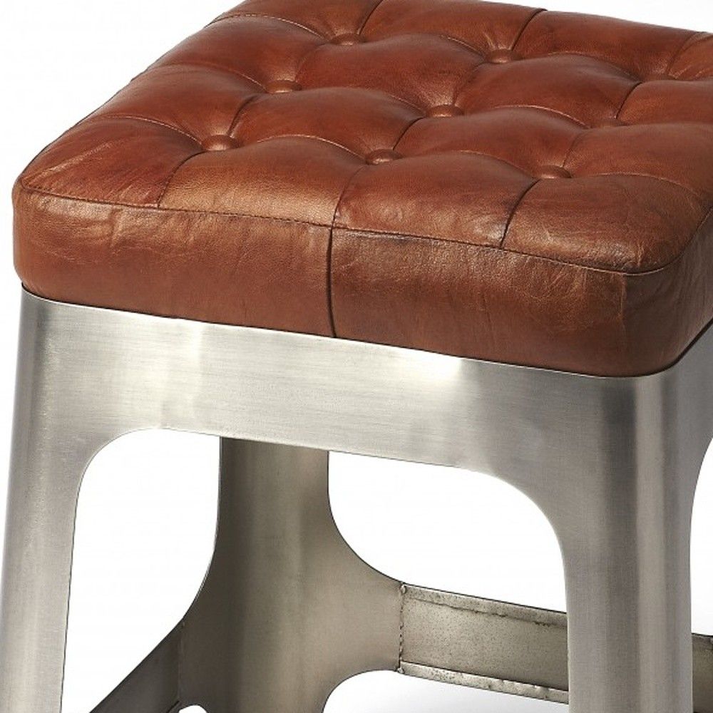 Leather And Iron Backless Bar Chair - Brown / Silver