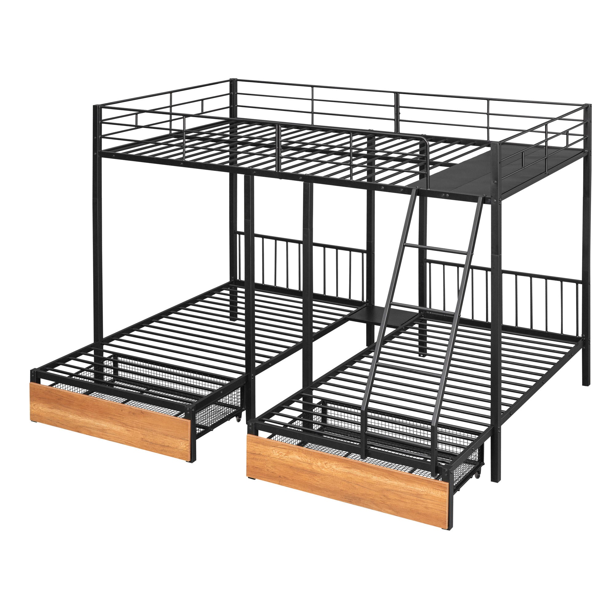 Bunk Bed, Metal Triple Bunk Bed With Drawers And Guardrails