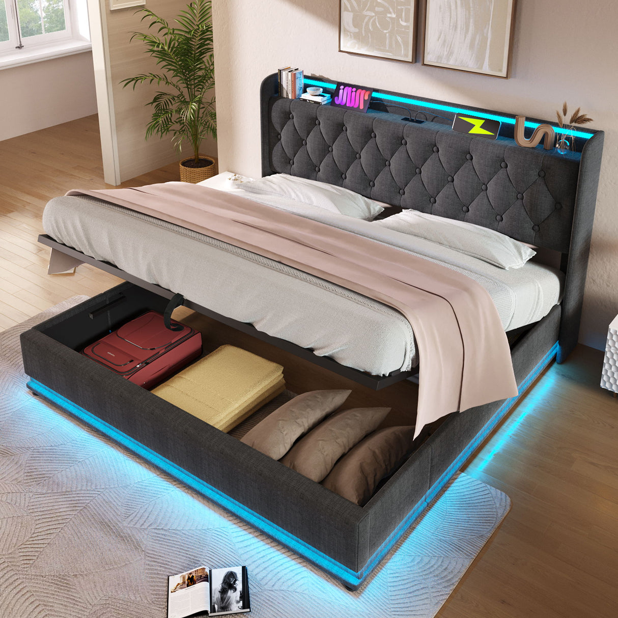 Upholstered Bed, 360 Surround LED Function, Remote Control, Hydraulic Storage Bed With USB, Type-C Charging (Without Mattress)