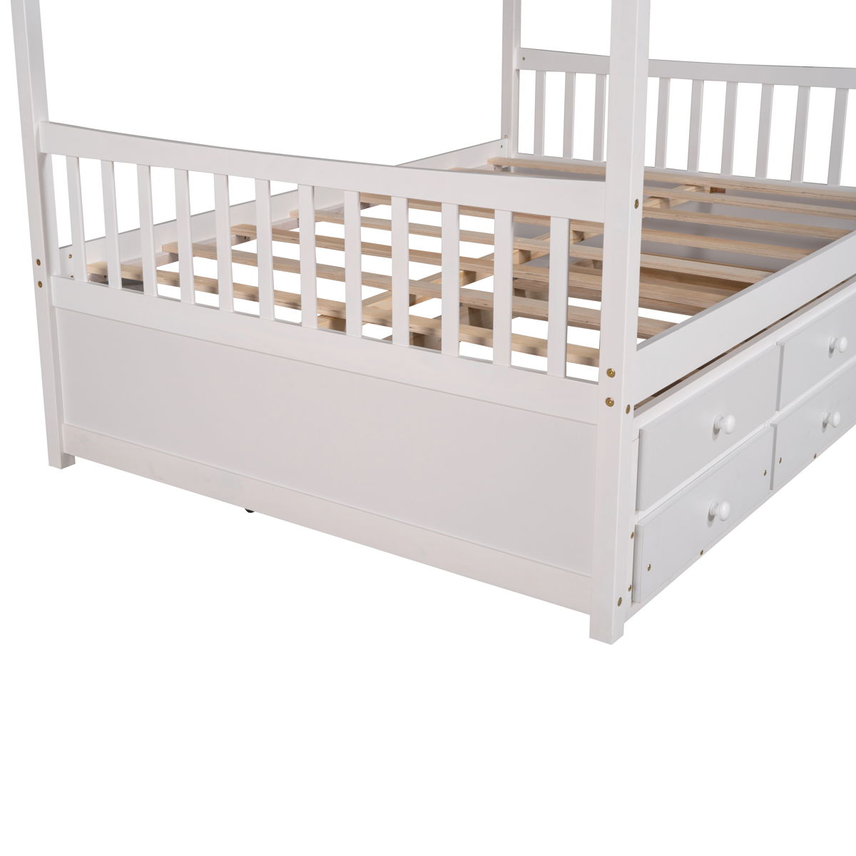 Full Size Wooden House Bed With Trundle And 3 Storage Drawers - White