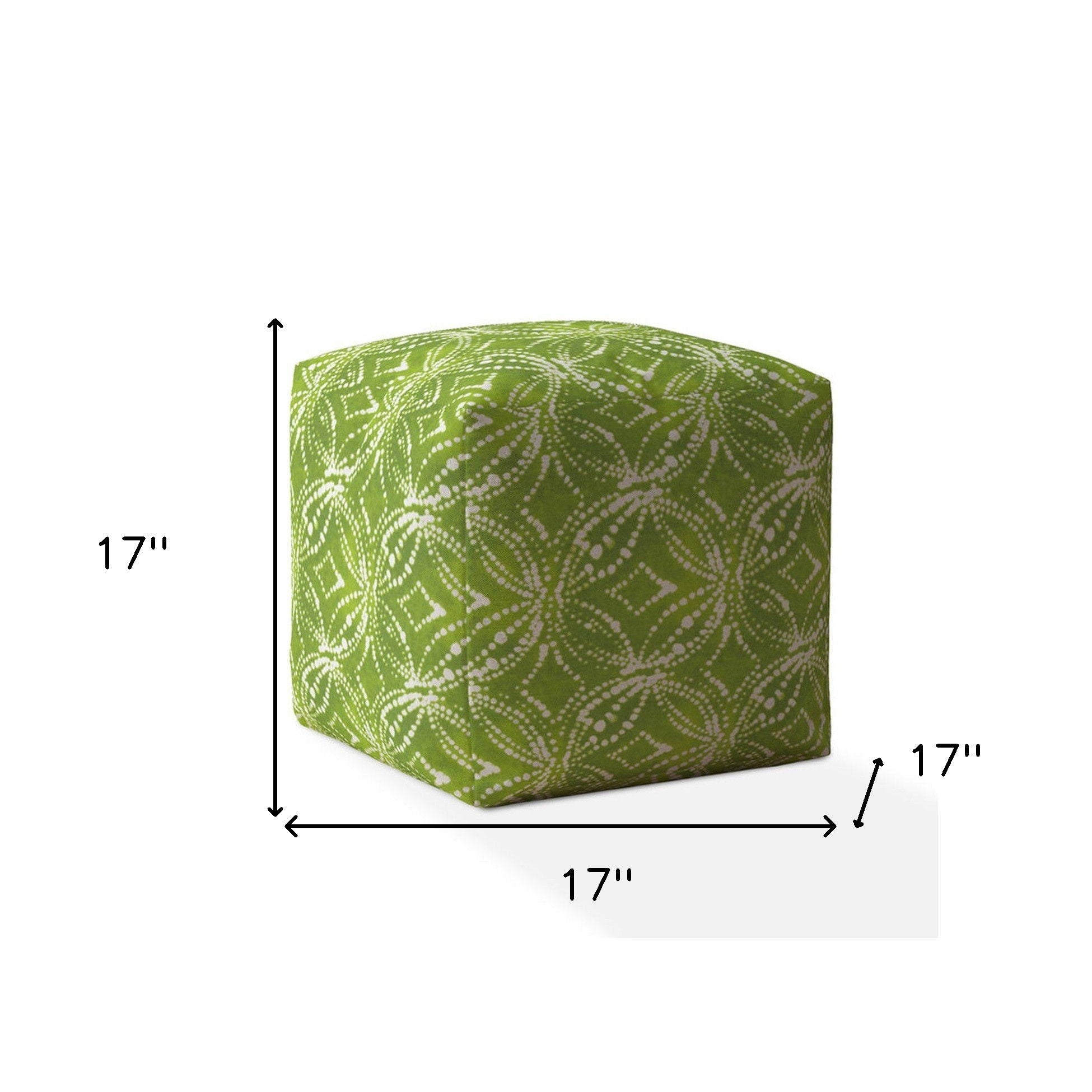 Cotton Damask Pouf Ottoman - Green / White