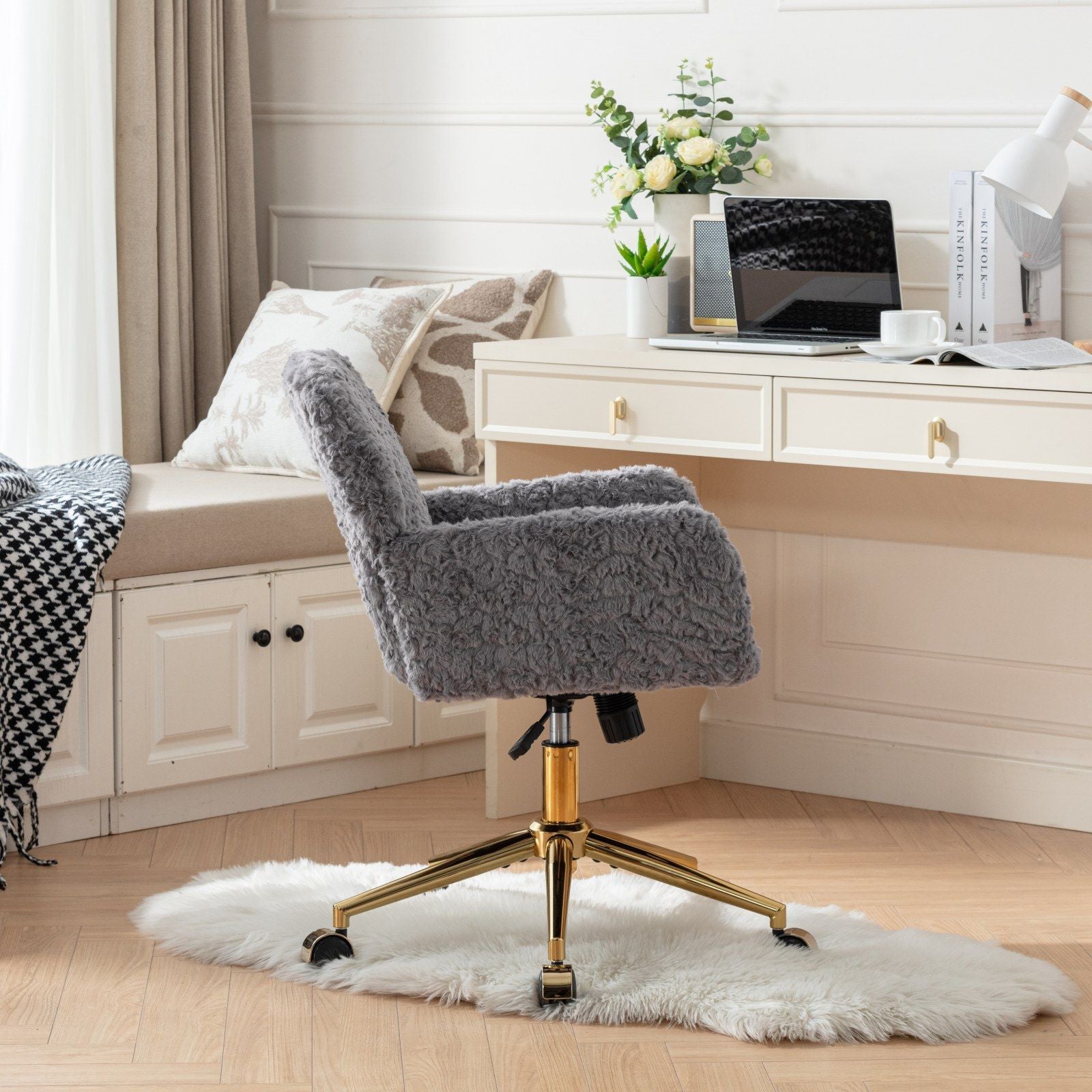 Office Chair, Artificial Rabbit Hair Home Office Chair With Golden Metal Base, Adjustable Desk Chair Swivel Office Chair, Vanity Chair