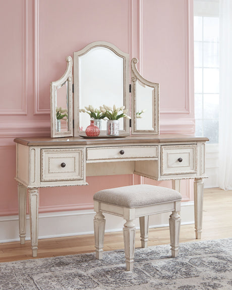 Realyn - White / Brown / Beige - Vanity/Mirror/Stool (Set of 3) by Signature Design by Ashley® | Bel Furniture