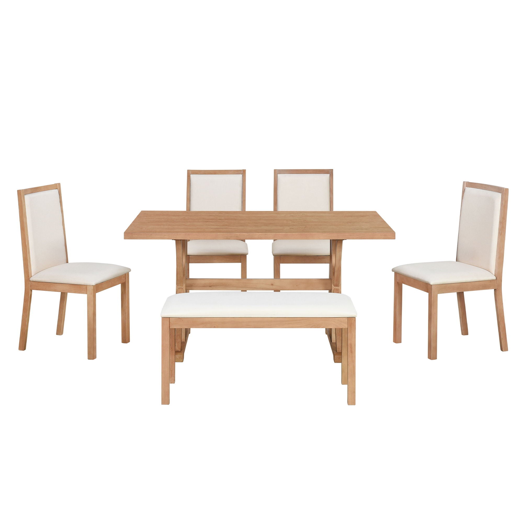 Topmax - 6 Piece Farmhouse Classical Dining Table Set With Trestle Legs, Kitchen Table Set For 6 With 4 Upholstered Dining Chairs And Bench