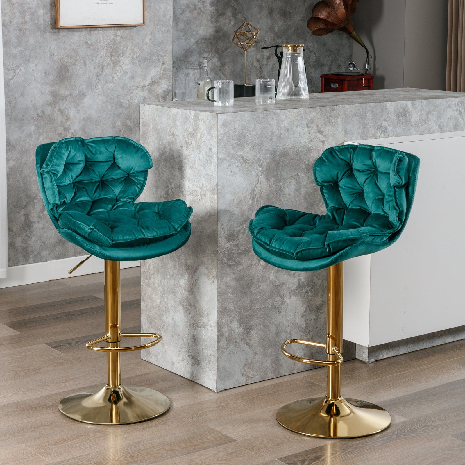 Swivel Bar Stools (Set of 2), Velvet Counter Height Adjustable Barstools, Dining Bar Chairs Upholstered Modern Bar Stool For Kitchen Island, Cafe, Bar Counter, Dining Room