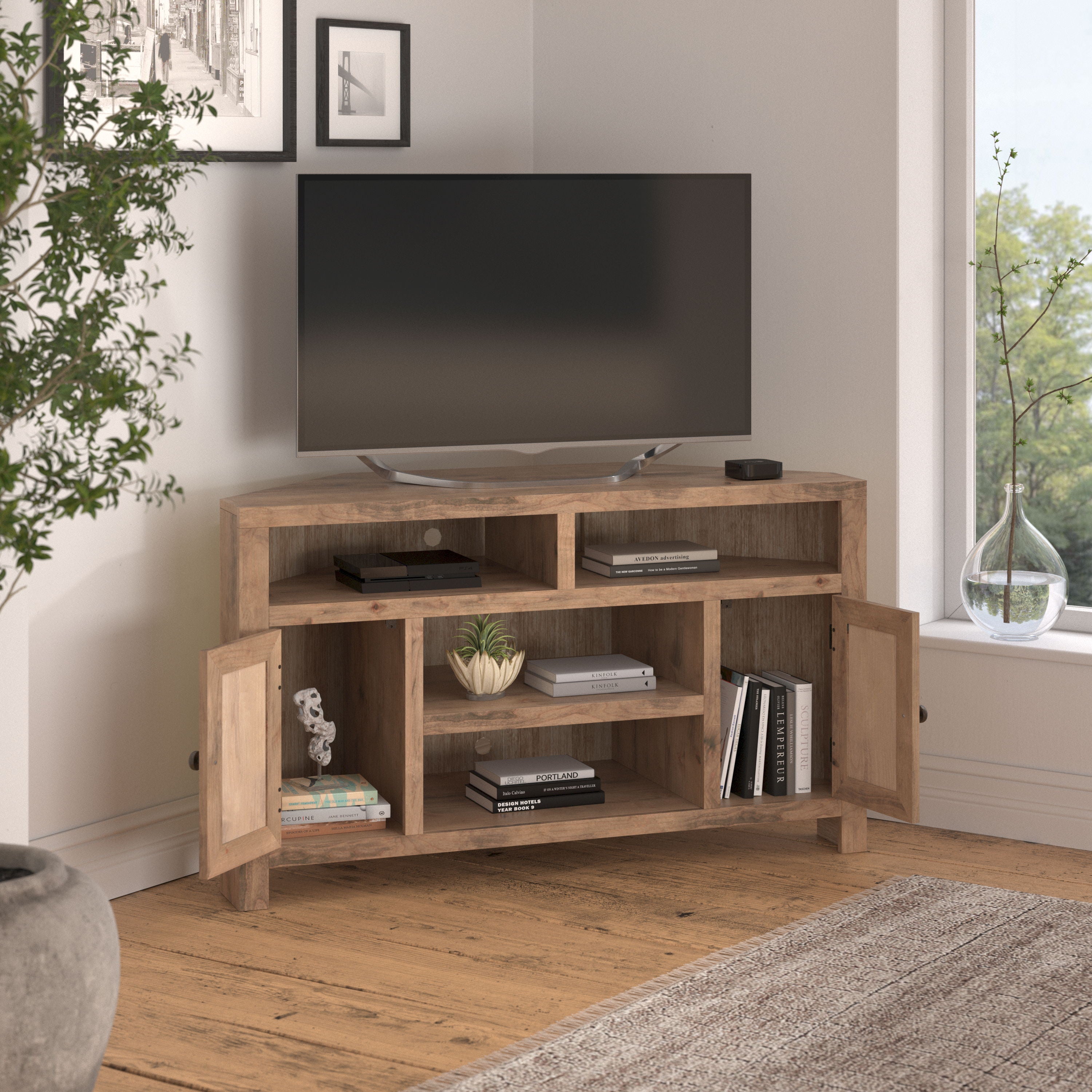 Joshua Creek - Corner TV Stand For TVs Up To - Barnwood