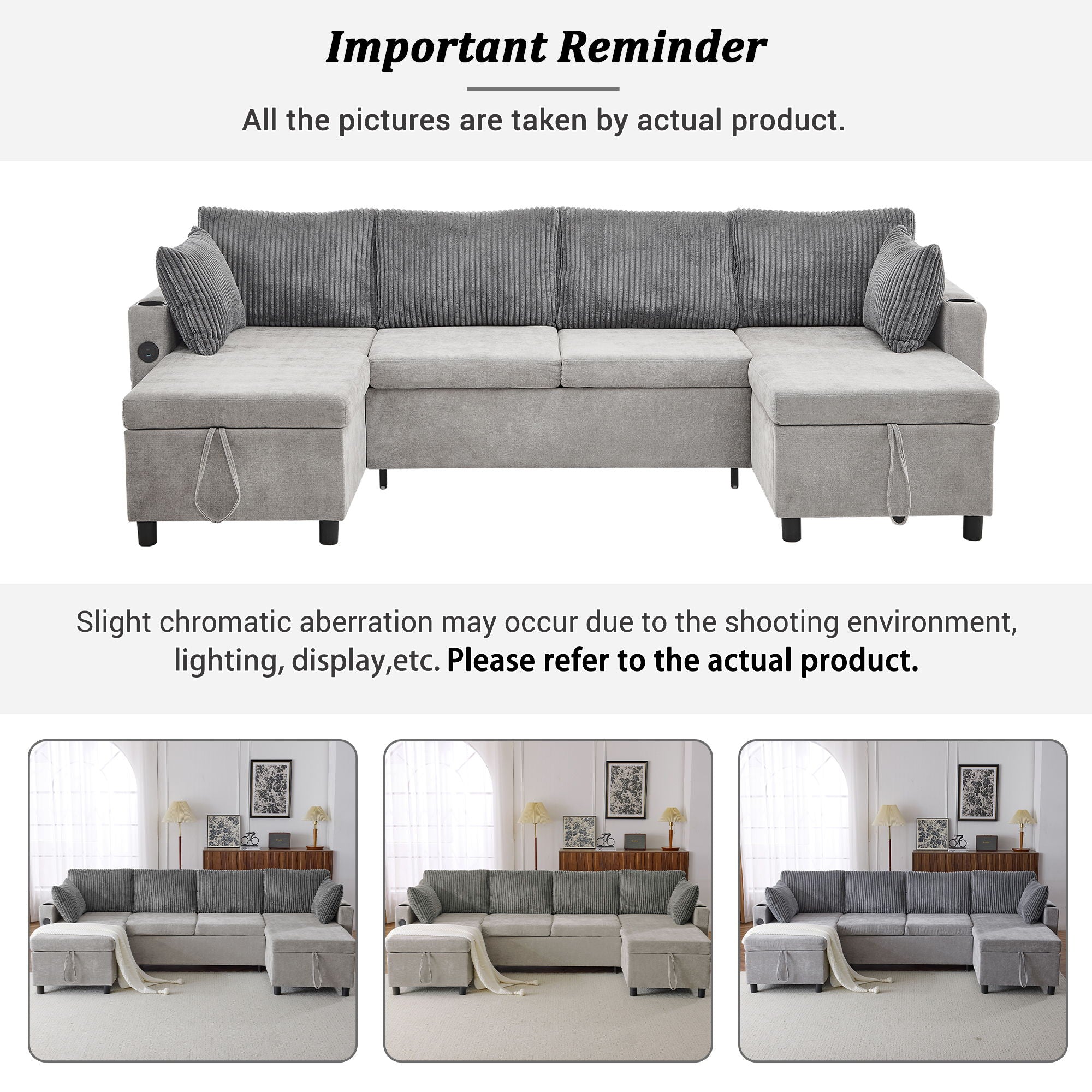 Sectional Sofa Pull Out Sofa Bed Versatile Sofa Sleeper With Large Storage Space, Two USB Ports And Two Cup Holders For Living Room