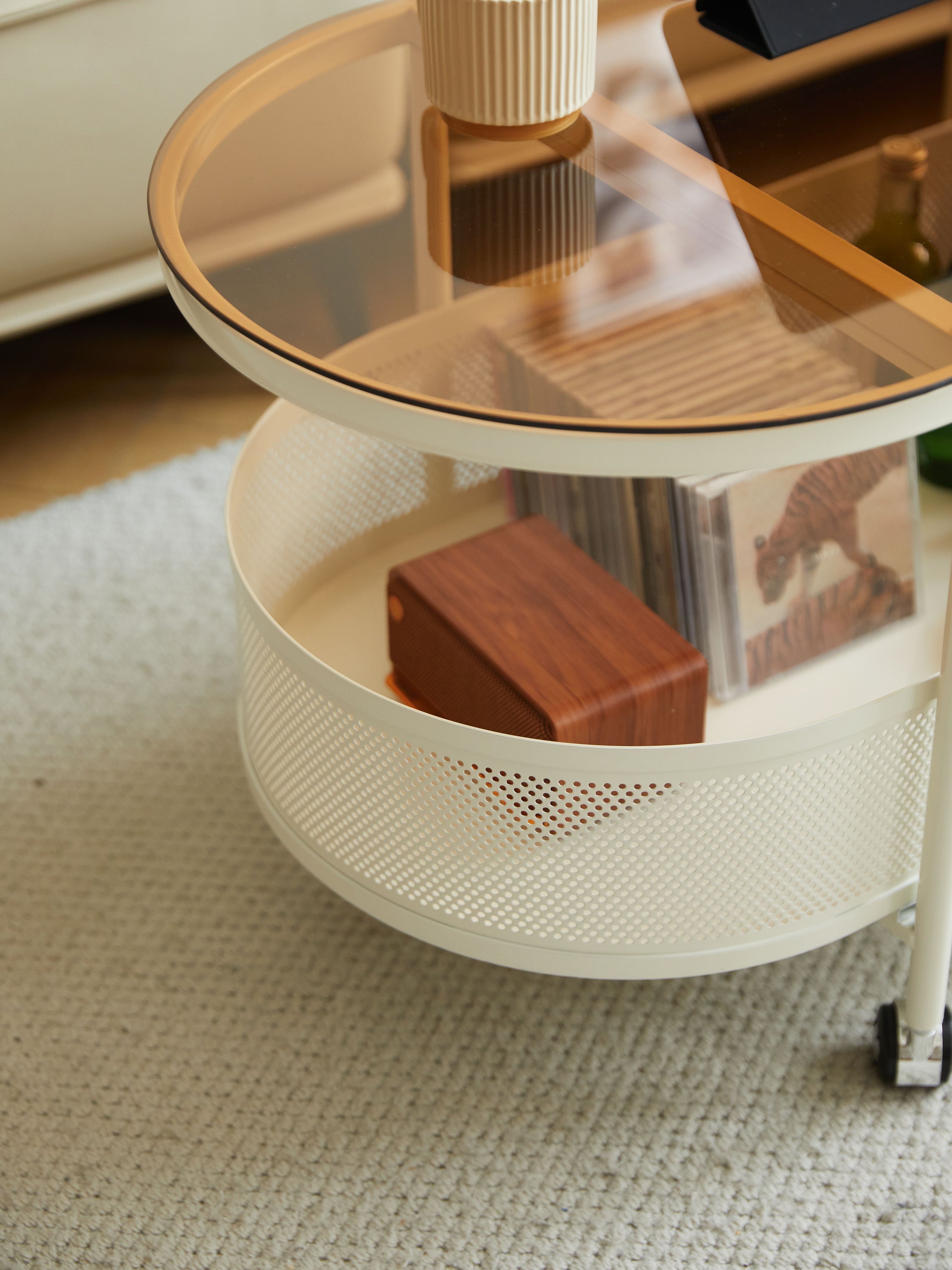 Movable Oval Metal Glass Coffee Table With Storage - White