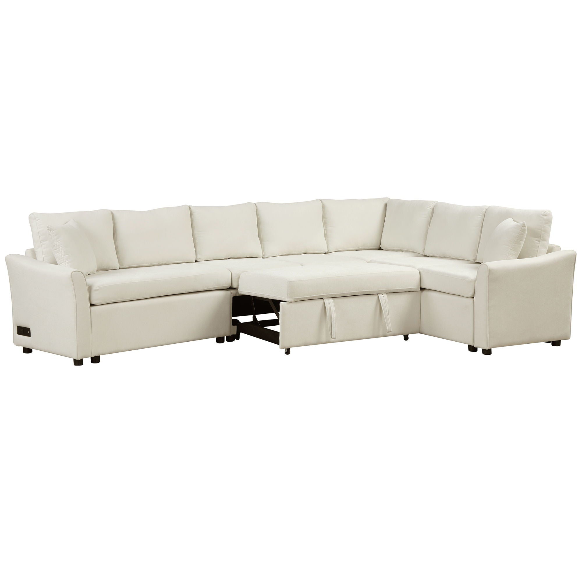 L-Shaped Sofa Convertible Sofa Bed Pull Out Sofa Sleeper With Two Back Pillows, Two USB Ports And Two Power Sockets For Living Room