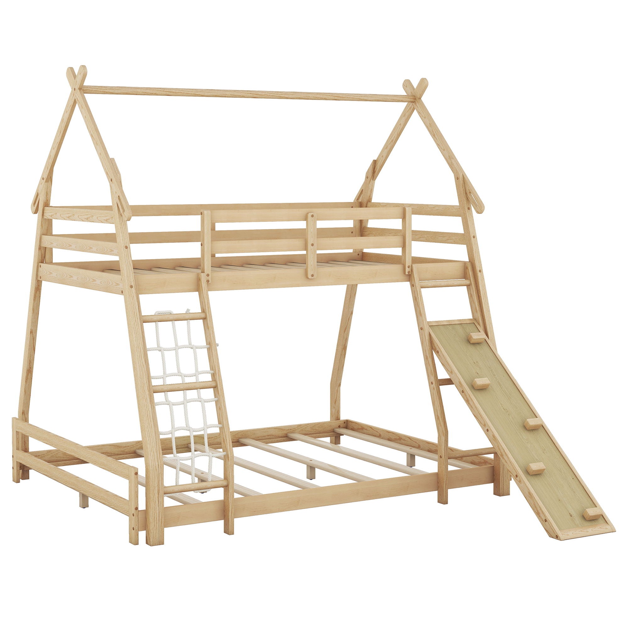 Twin Over Queen House Bunk Bed With Climbing Nets And Climbing Ramp