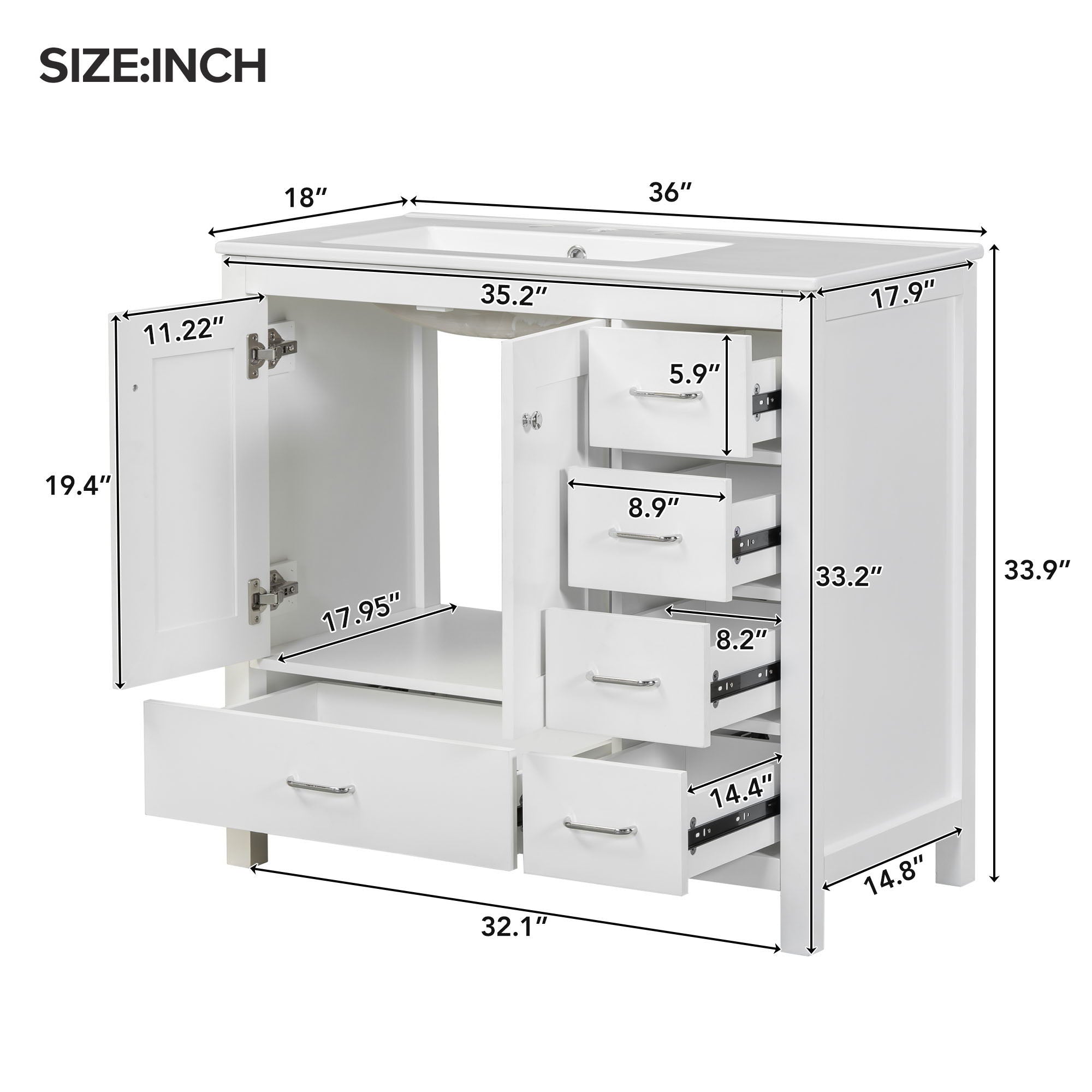 Bathroom Vanity With Ceramic Sink Combo, Abundant Storage Cabinet -2 Soft-Close Doors And 5 Drawers