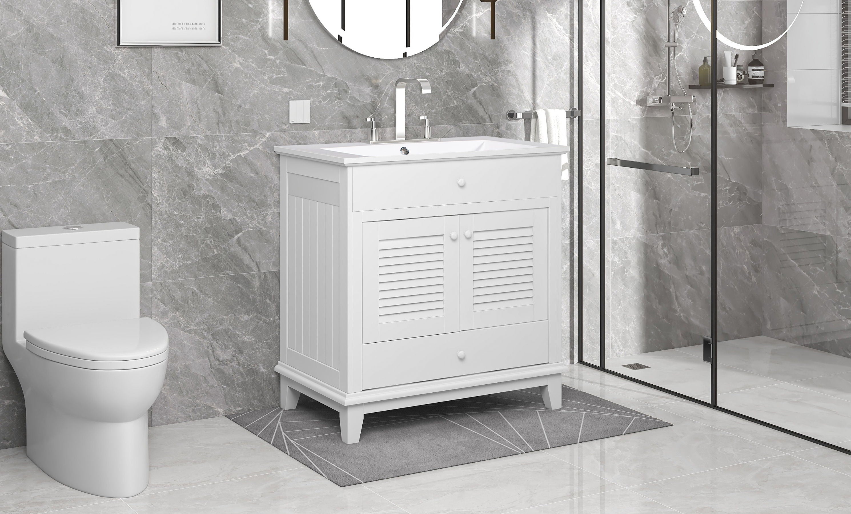 Bathroom Vanity With Sink, Bathroom Cabinet With Two Doors And One Drawer, White