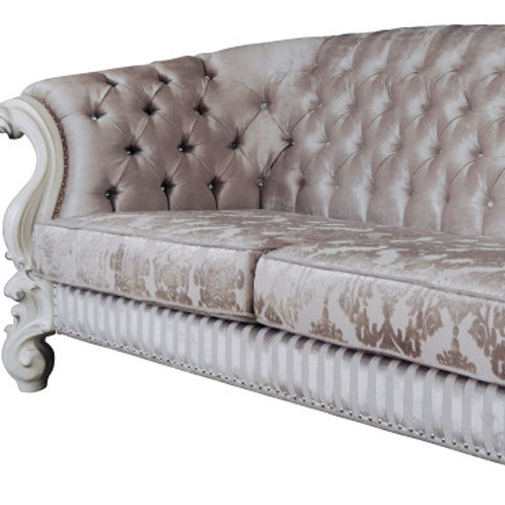 Velvet Damask Sofa And Toss Pillows With Bone Legs - Ivory