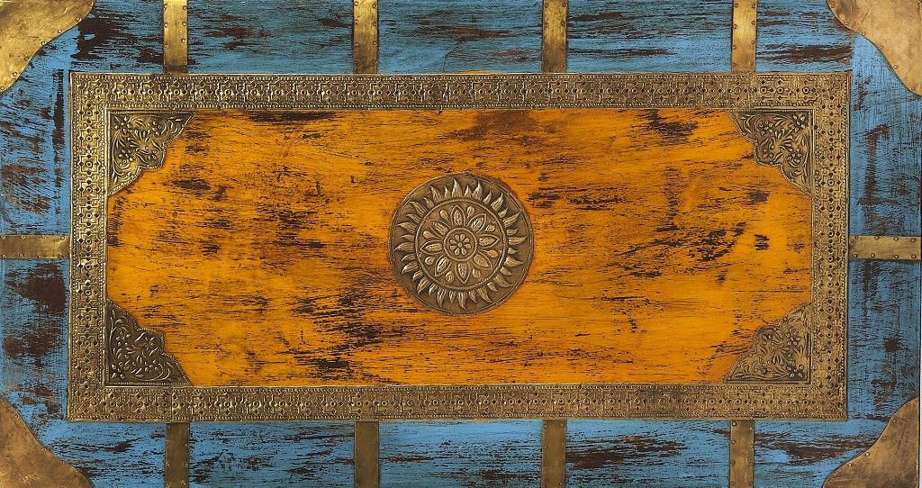 Hand Painted Brass Inlay Solid Wood Storage Trunk - Light Brown