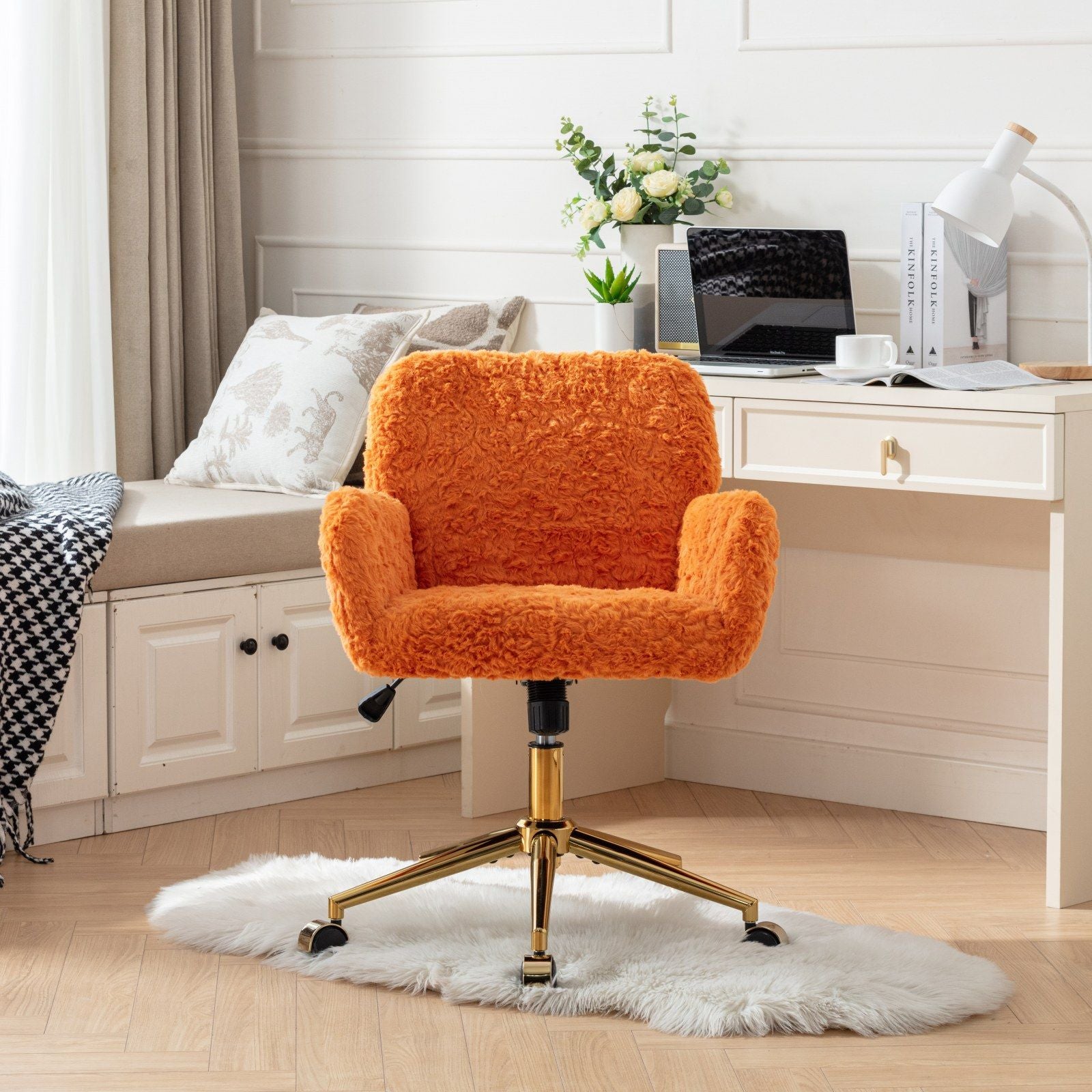 Office Chair, Artificial Rabbit Hair Home Office Chair With Golden Metal Base, Adjustable Desk Chair Swivel Office Chair, Vanity Chair