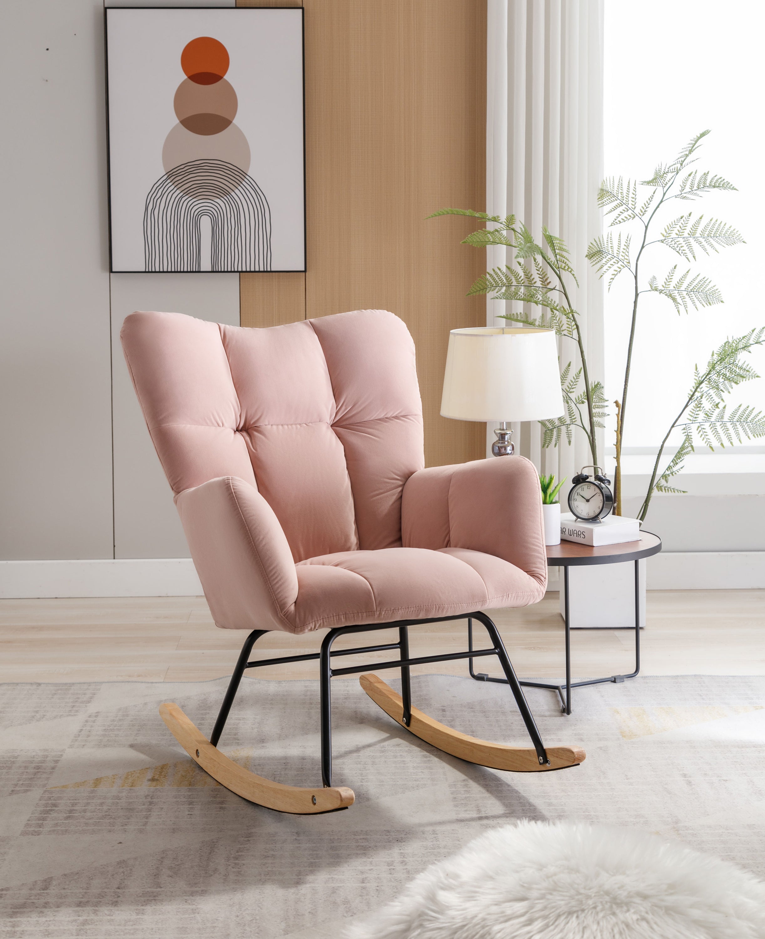 Mid-Century Modern Teddy Fabric Tufted Upholstered Rocking Chair Padded Seat For Living Room Bedroom