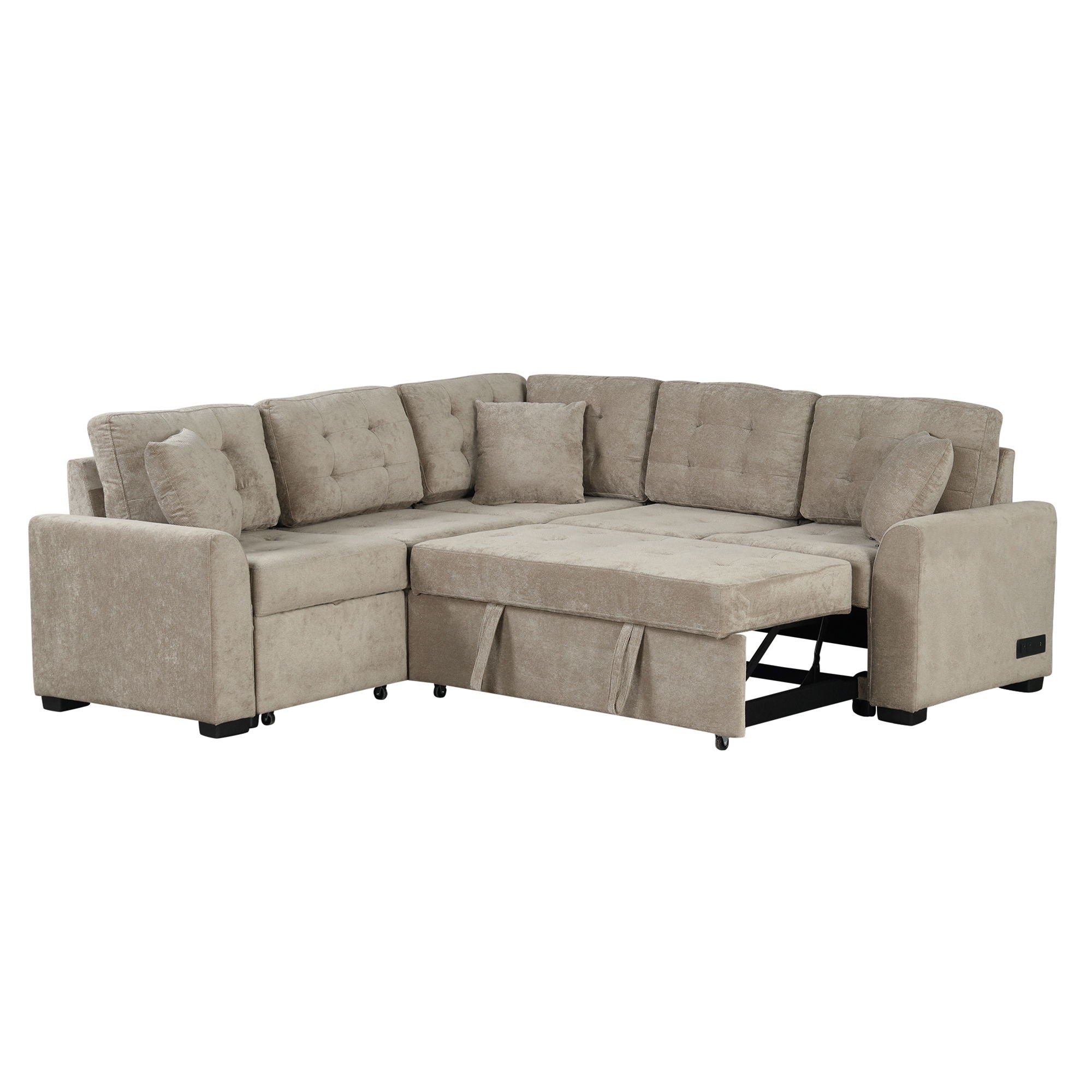 L-Shape Sofa Bed Pull-Out Sleeper Sofa With Wheels, USB Ports, Power Sockets For Living Room