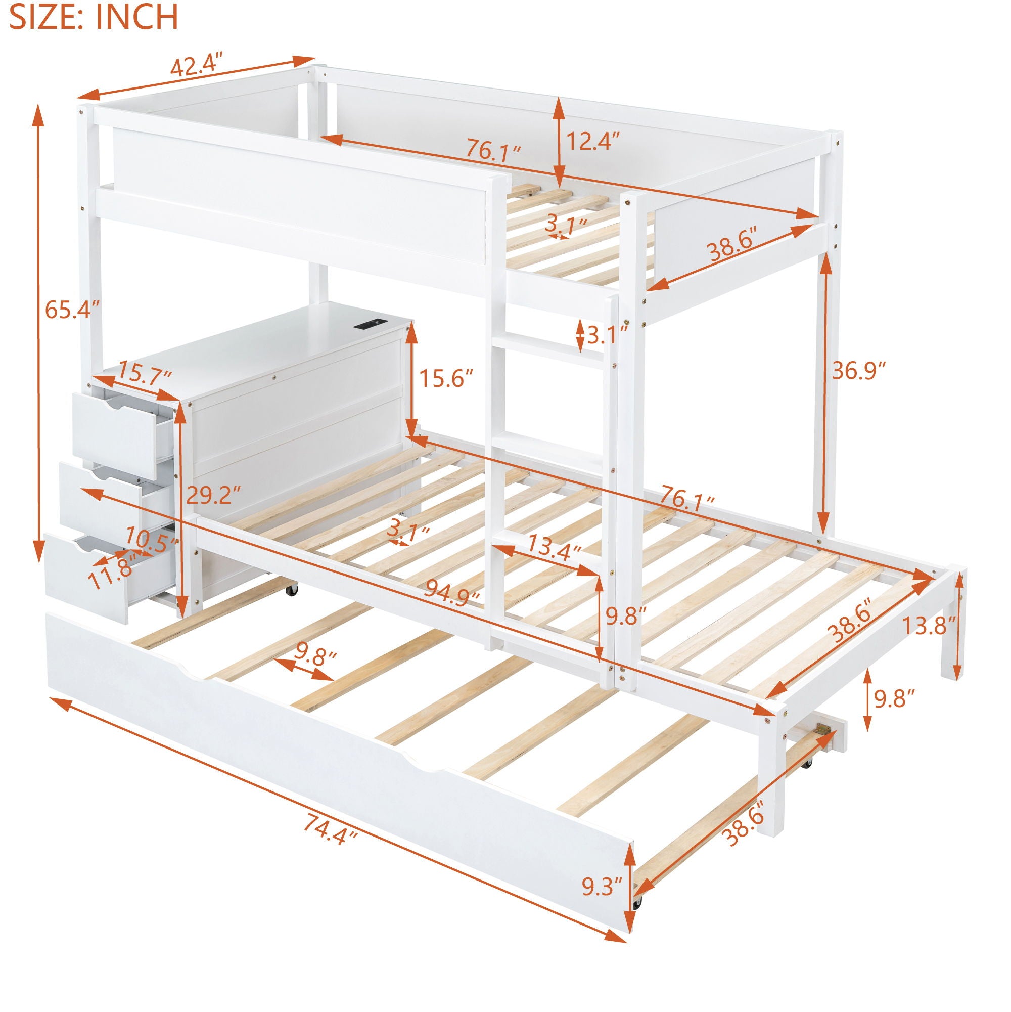 Bunk Bed With Twin Size Trundle, Storage And Desk