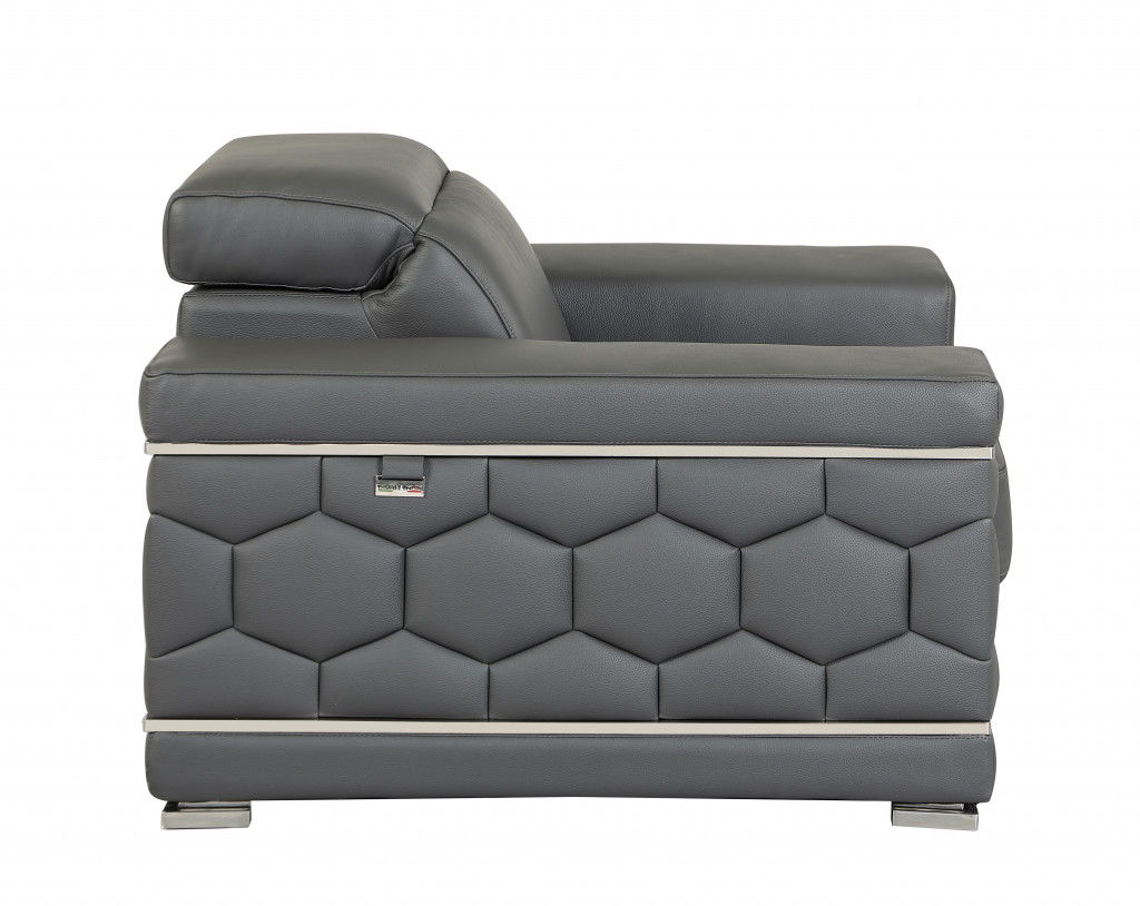 Sofa Italian Leather With Silver Legs - Gray