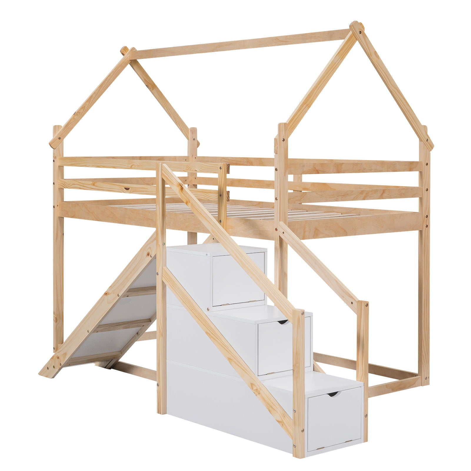 Twin Over Twin House Loft Or Bunk Bed With Slide And Staircase