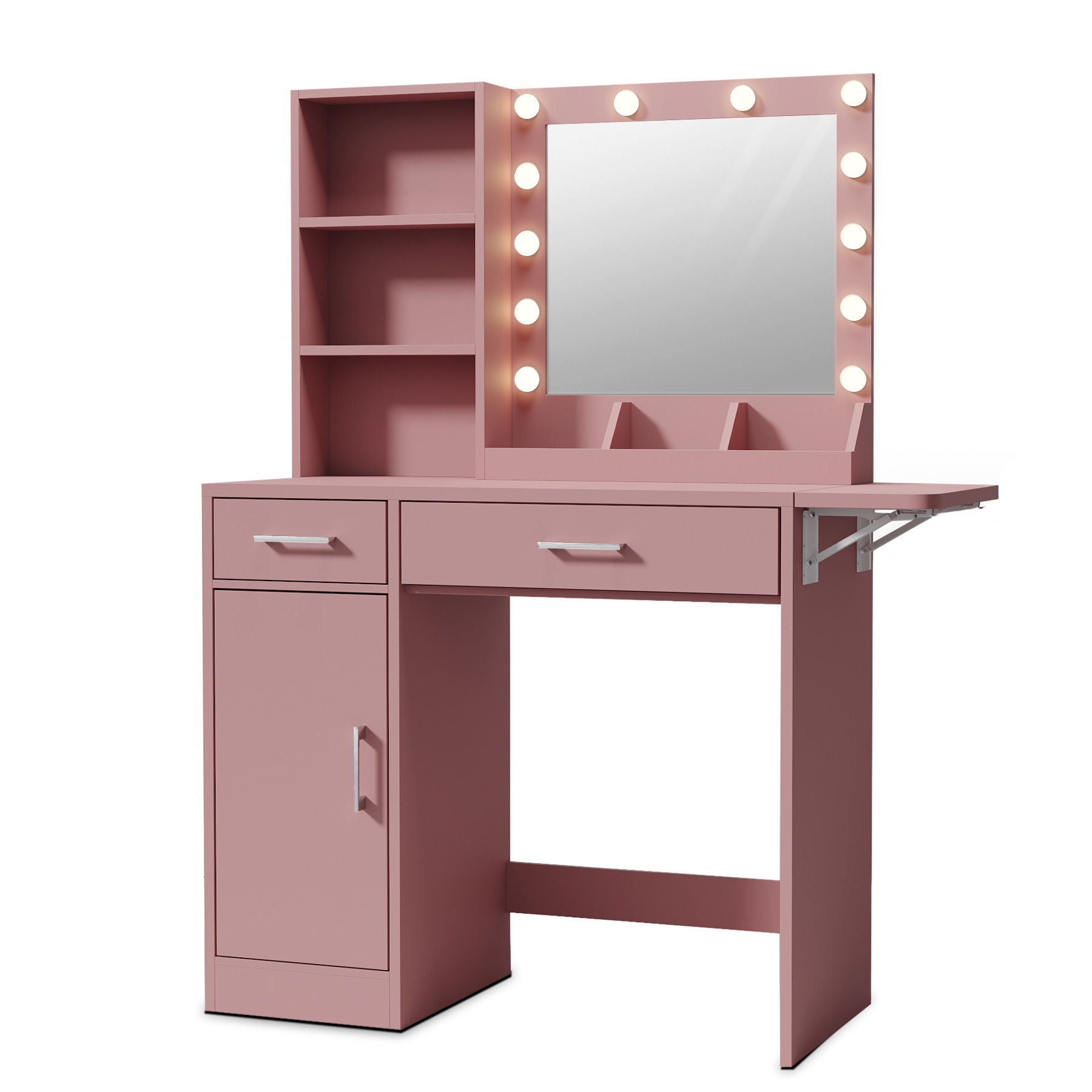 Vanity Desk With Drawers & Mirror With Lights, With Drawers & Cabinet 3 Shelves Lots Storage For Stylish Bedroom