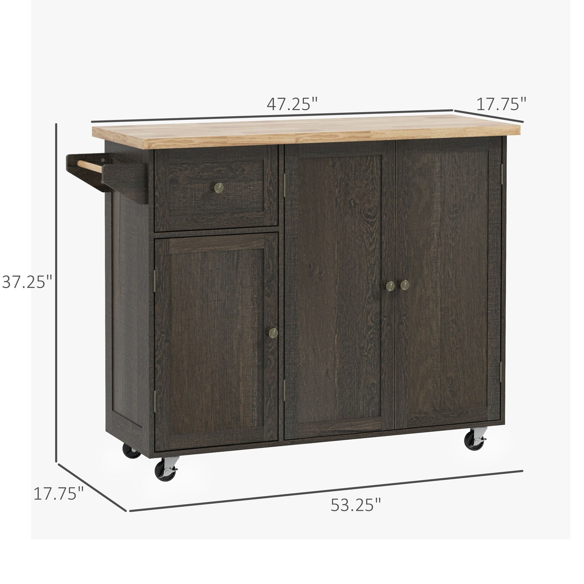 Homcom - Triple-Cabinet Rolling Kitchen Island On Wheels, Kitchen Cart With Storage Shelf Adjustment, Rolling Utility Cart With Wood Top, Towel Rack, Big Drawer - Distressed Brown